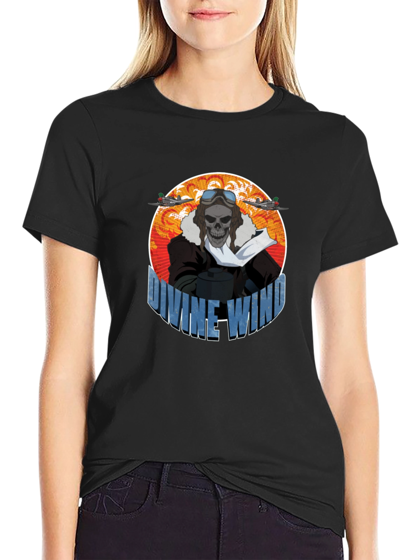 Divine Wind Skull Pilot Graphic T-Shirt
