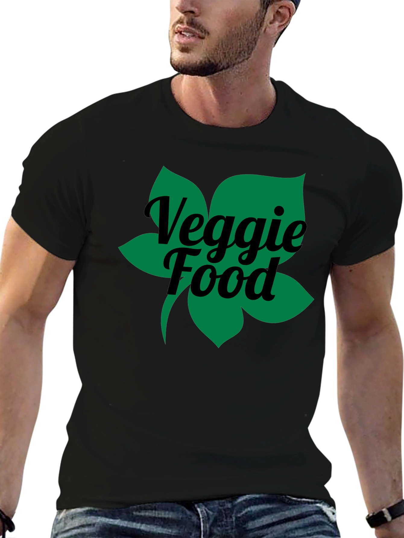 Veggie Food Green Leaf Graphic Black T-Shirt