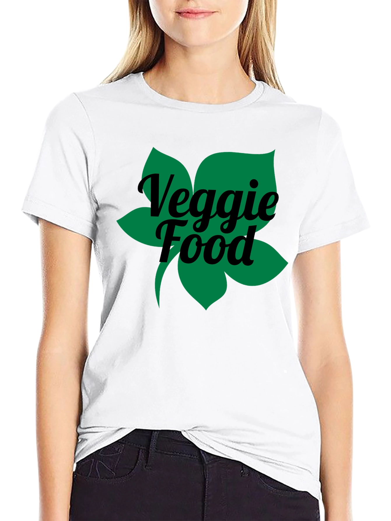 Veggie Food Green Leaf Graphic Black T-Shirt