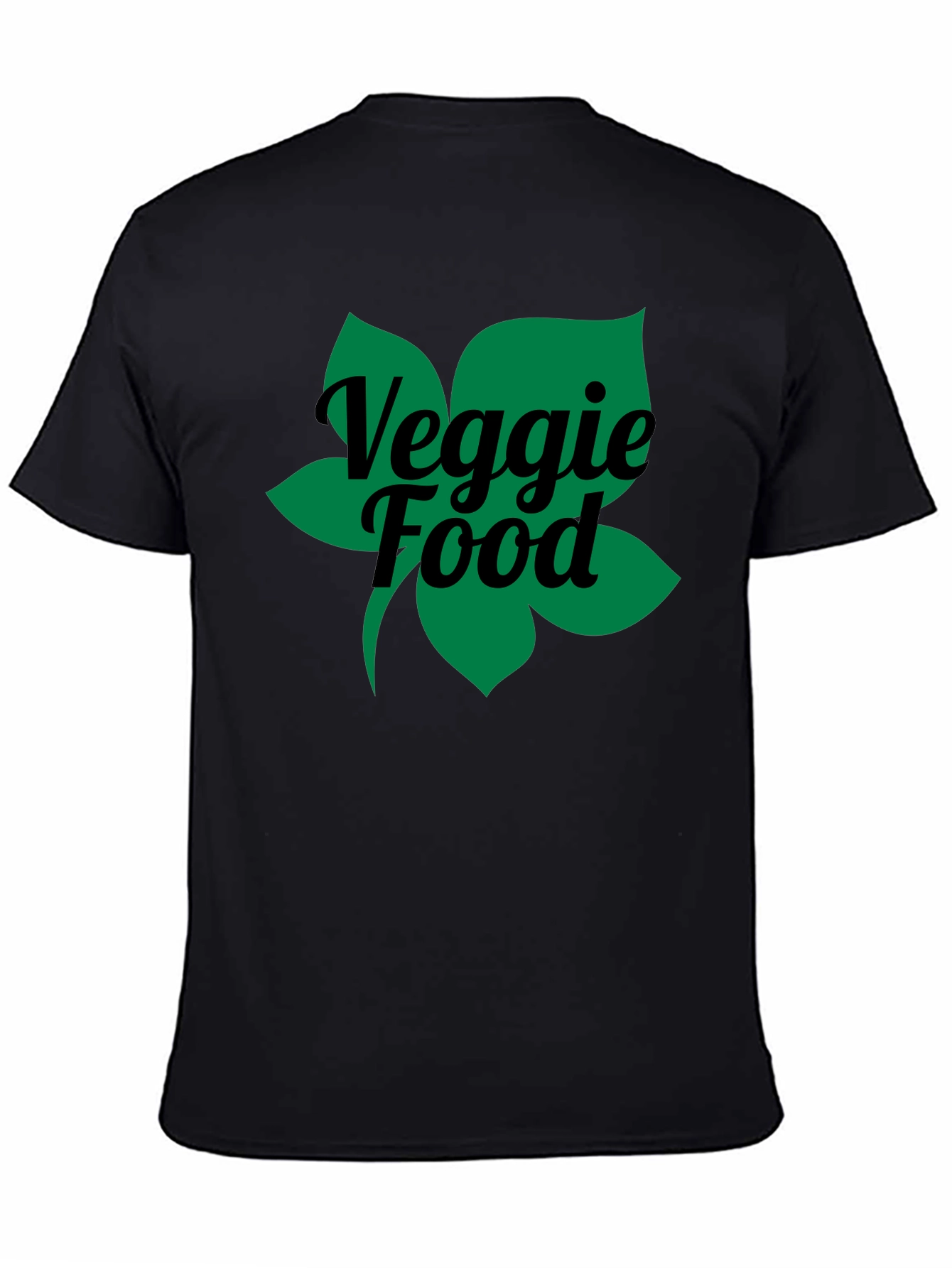 Veggie Food Green Leaf Graphic Black T-Shirt