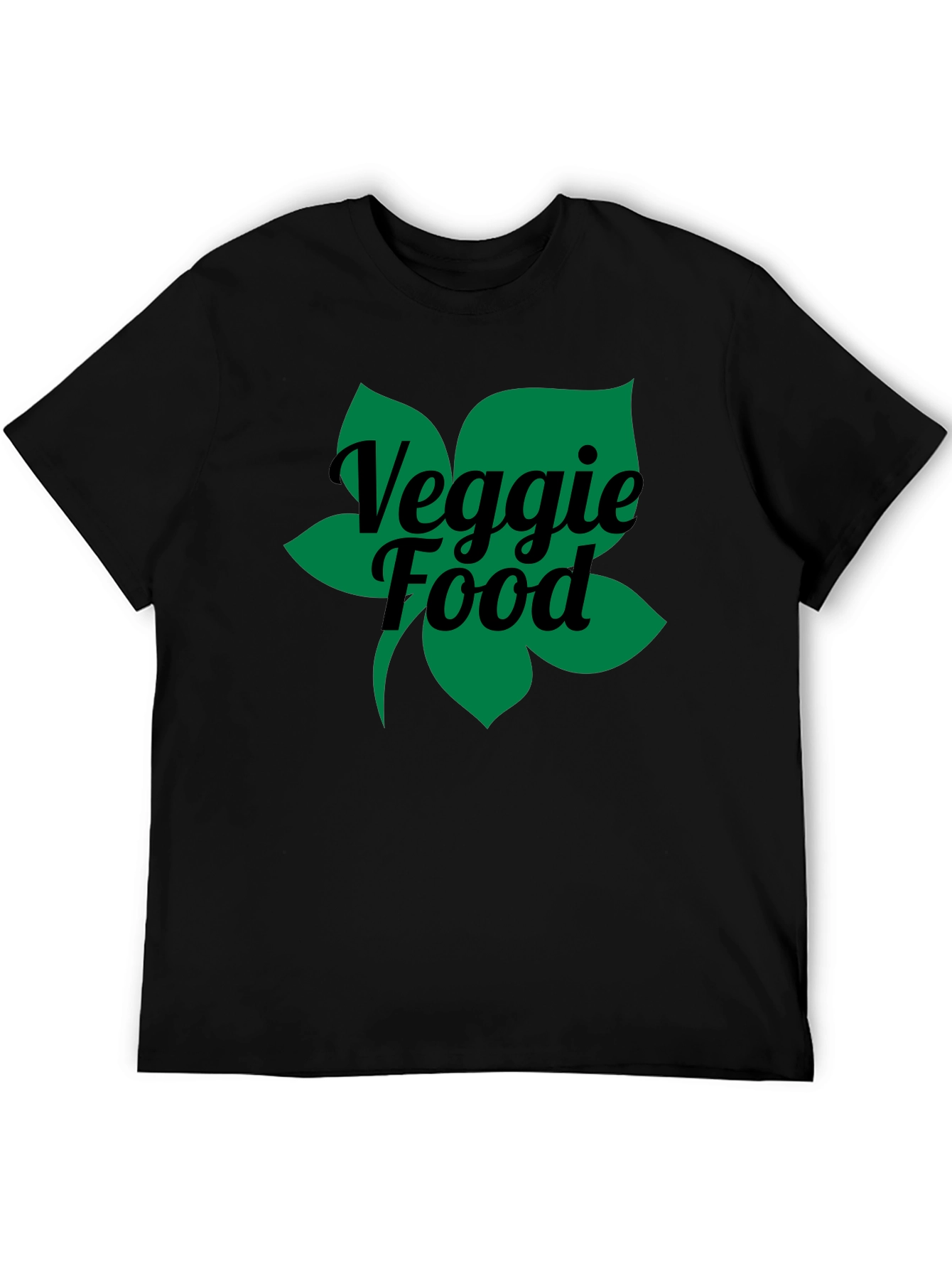 Veggie Food Green Leaf Graphic Black T-Shirt