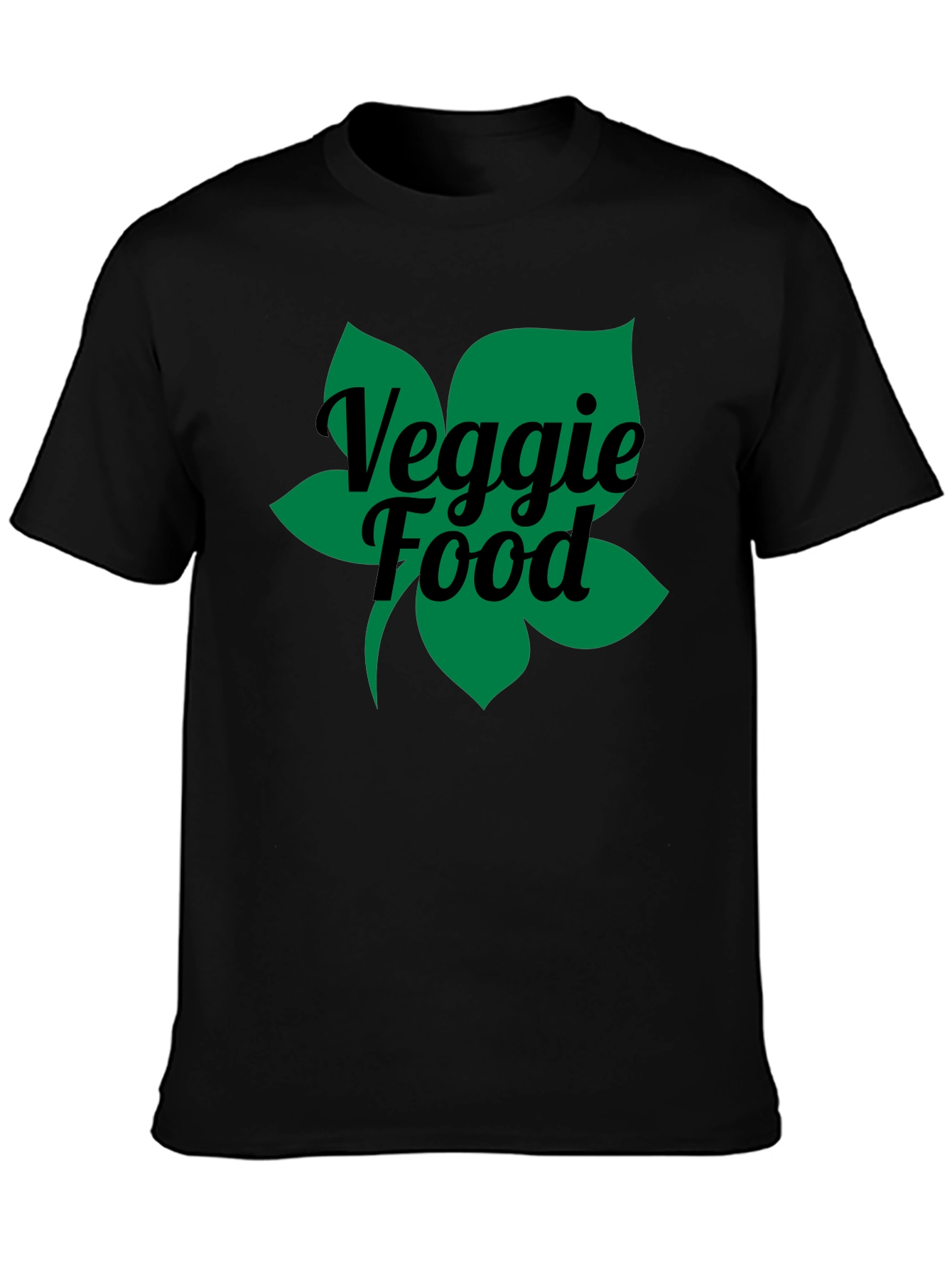 Veggie Food Green Leaf Graphic Black T-Shirt