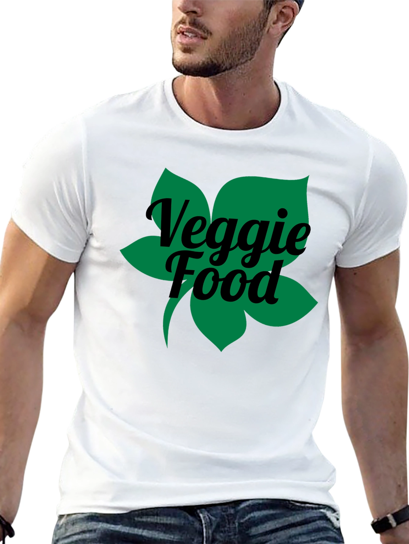 Veggie Food Green Leaf Graphic Black T-Shirt