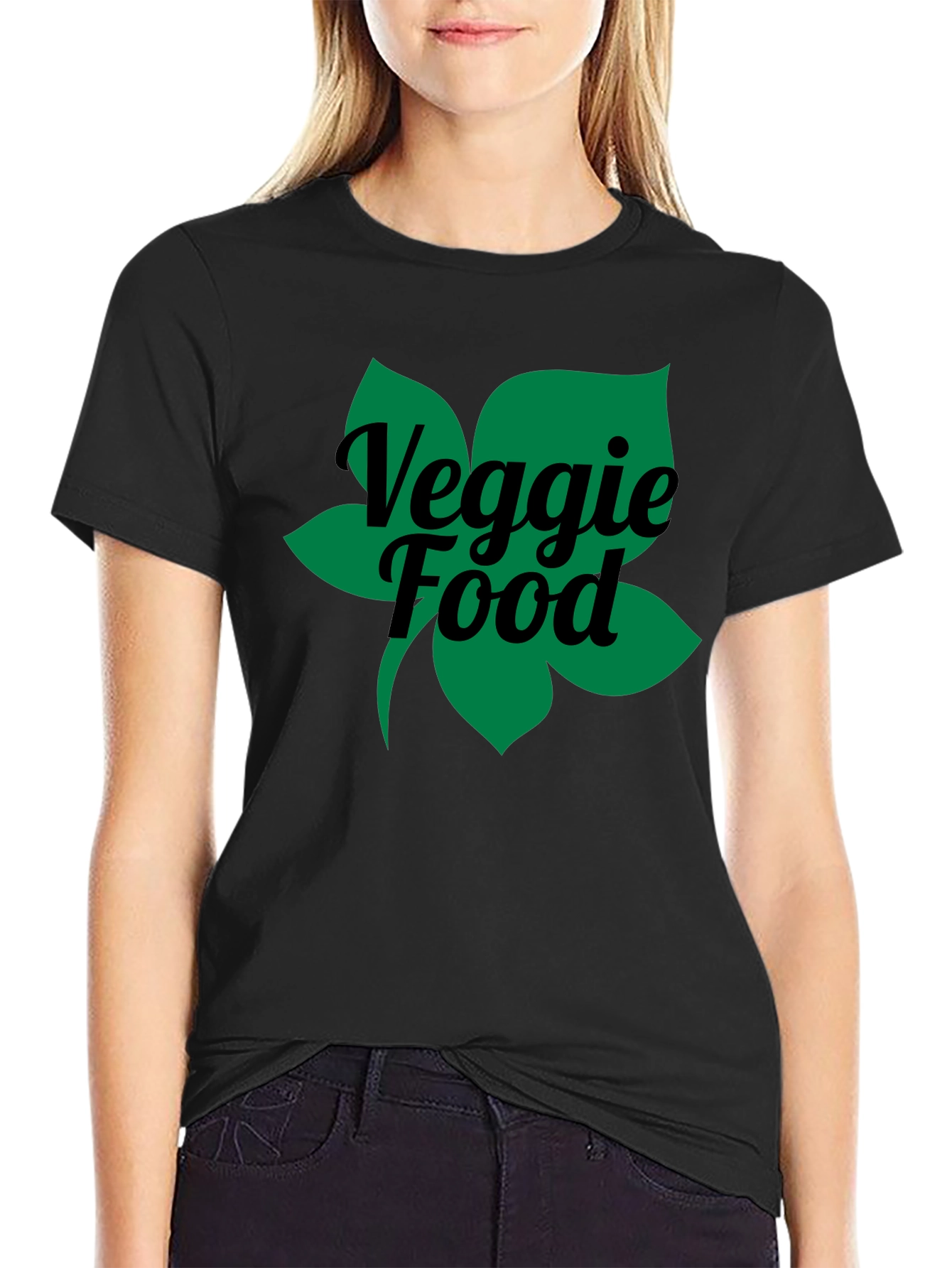 Veggie Food Green Leaf Graphic Black T-Shirt