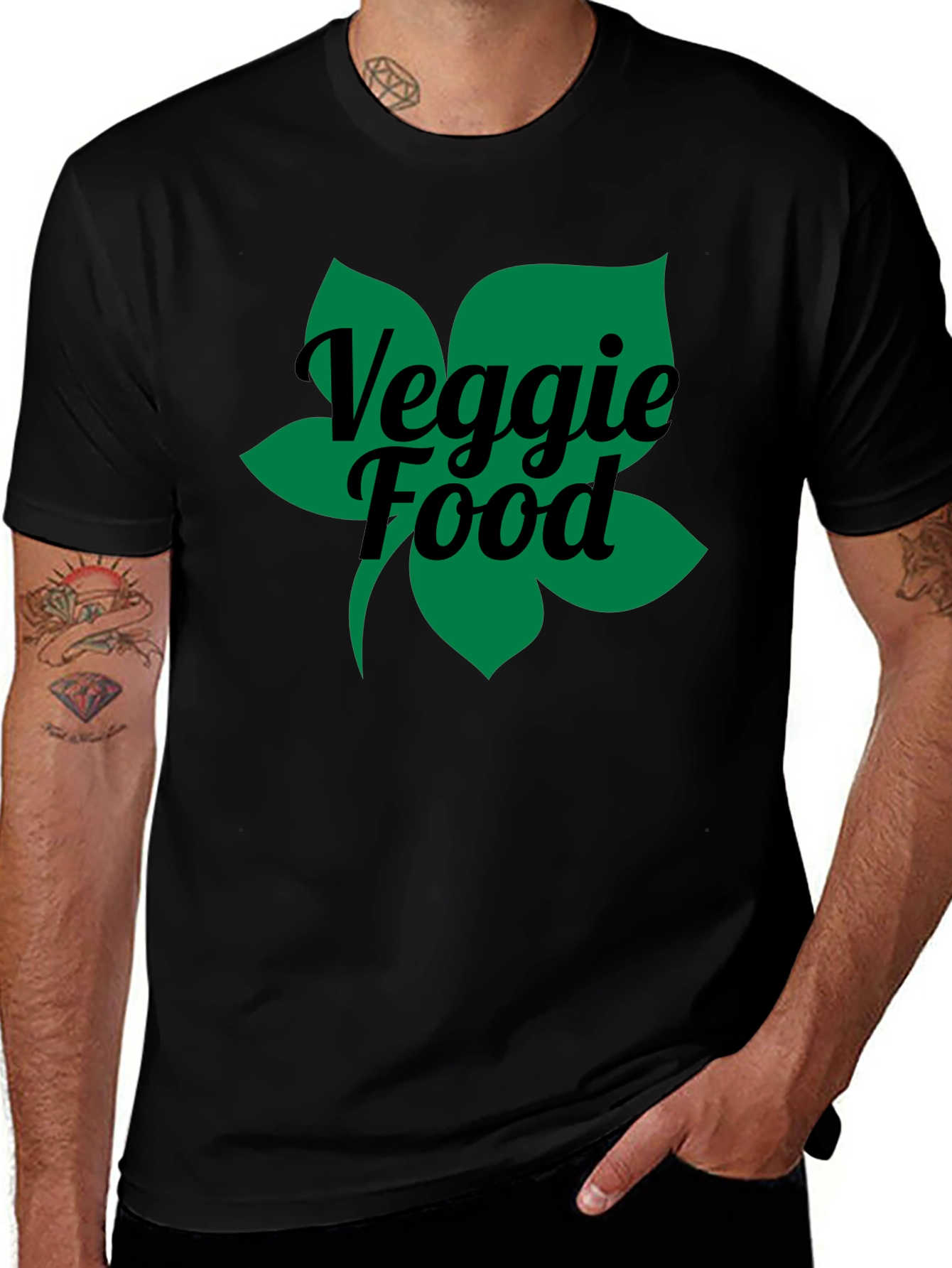 Veggie Food Green Leaf Graphic Black T-Shirt