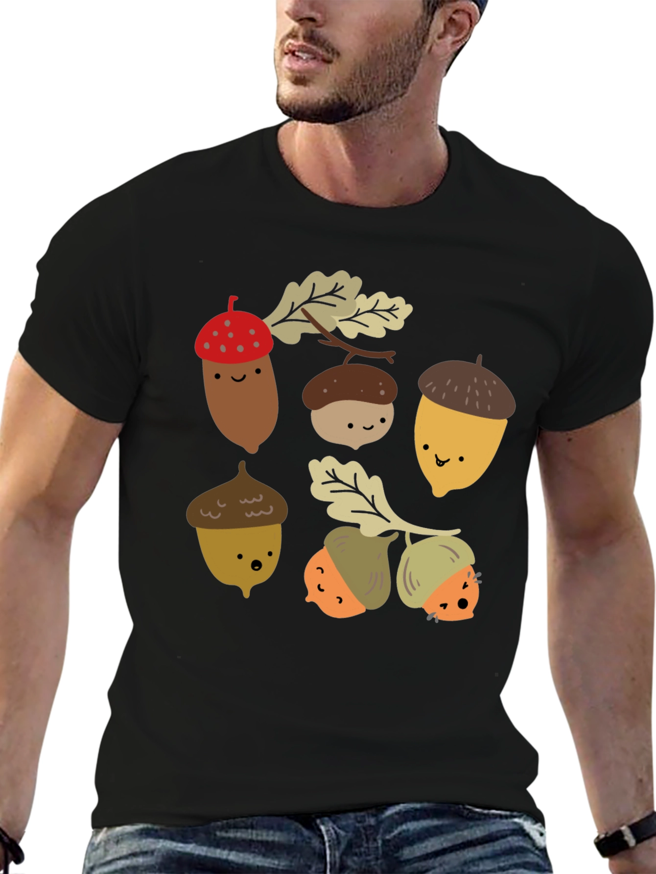 Cute Acorn Graphic Black T-Shirt