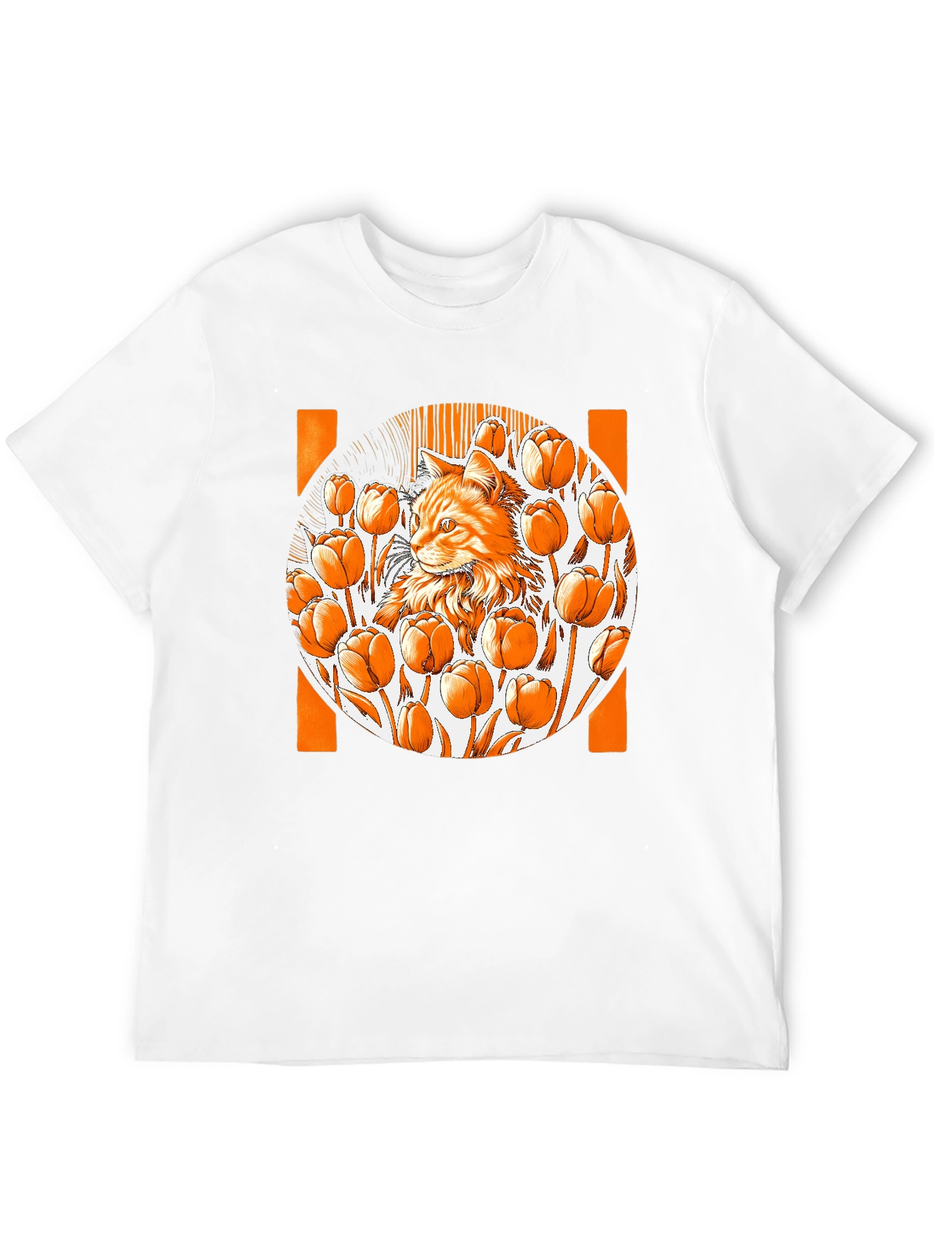 Cat & Tulips Graphic Black T-Shirt - Unique Design