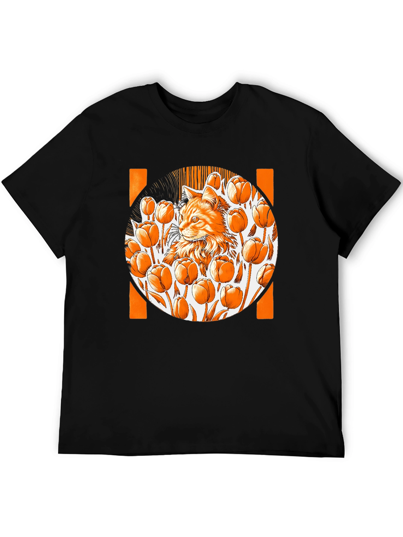 Cat & Tulips Graphic Black T-Shirt - Unique Design