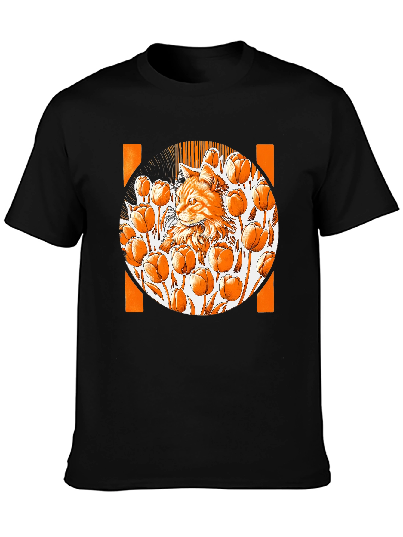 Cat & Tulips Graphic Black T-Shirt - Unique Design