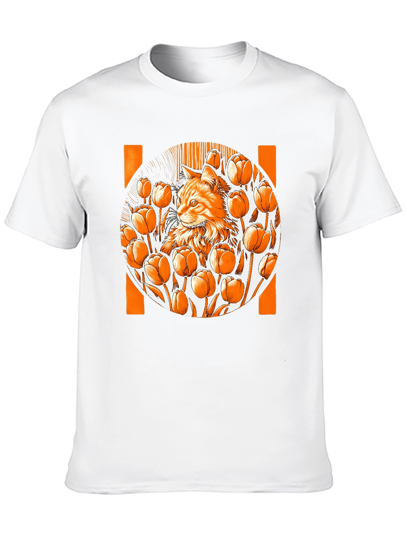 Cat & Tulips Graphic Black T-Shirt - Unique Design