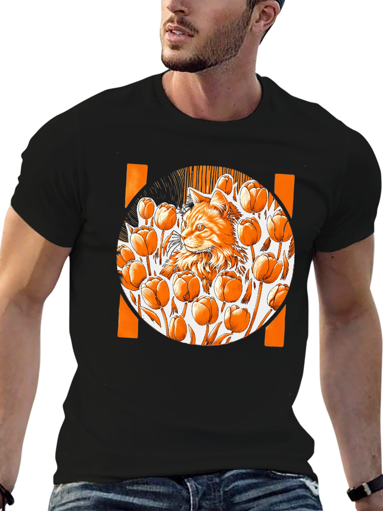 Cat & Tulips Graphic Black T-Shirt - Unique Design