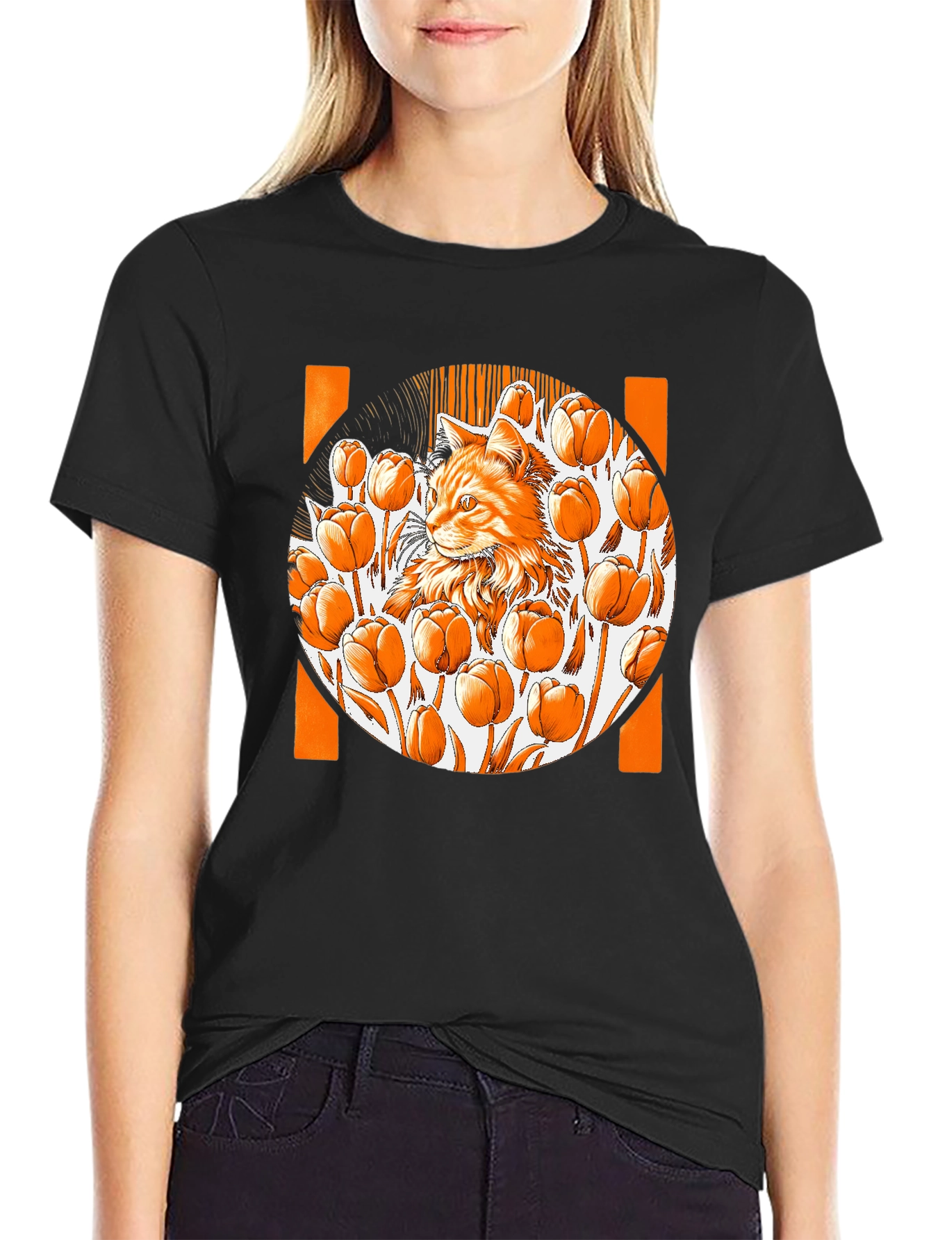 Cat & Tulips Graphic Black T-Shirt - Unique Design