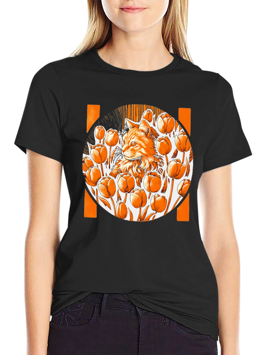 Cat & Tulips Graphic Black T-Shirt - Unique Design