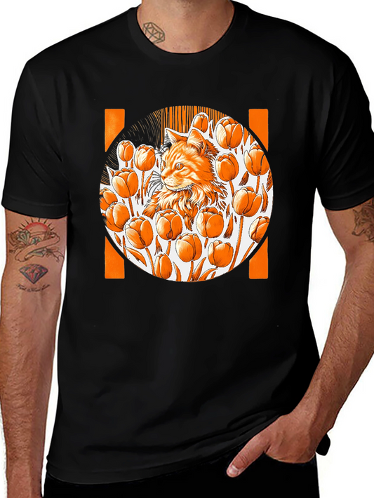 Cat & Tulips Graphic Black T-Shirt - Unique Design
