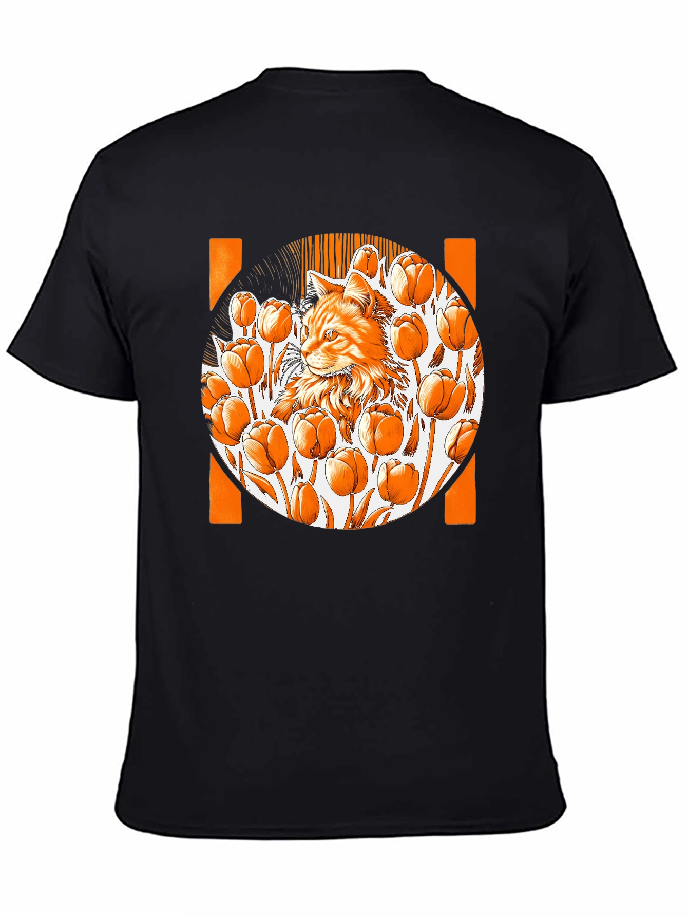 Cat & Tulips Graphic Black T-Shirt - Unique Design