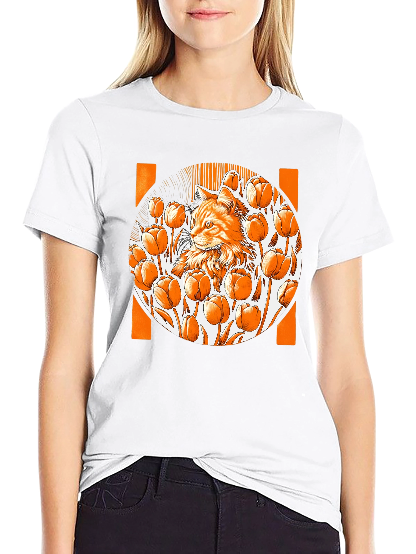 Cat & Tulips Graphic Black T-Shirt - Unique Design