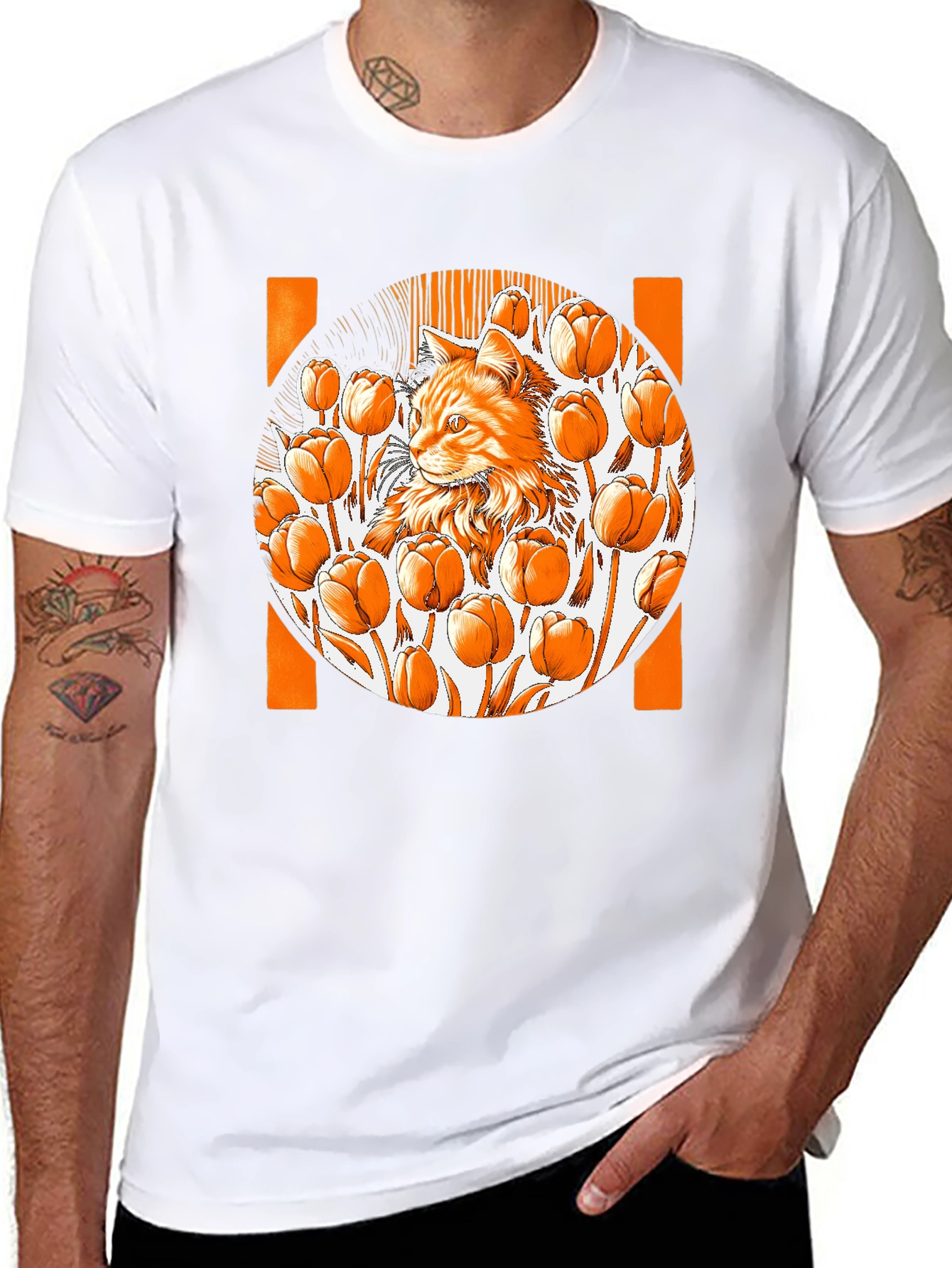 Cat & Tulips Graphic Black T-Shirt - Unique Design