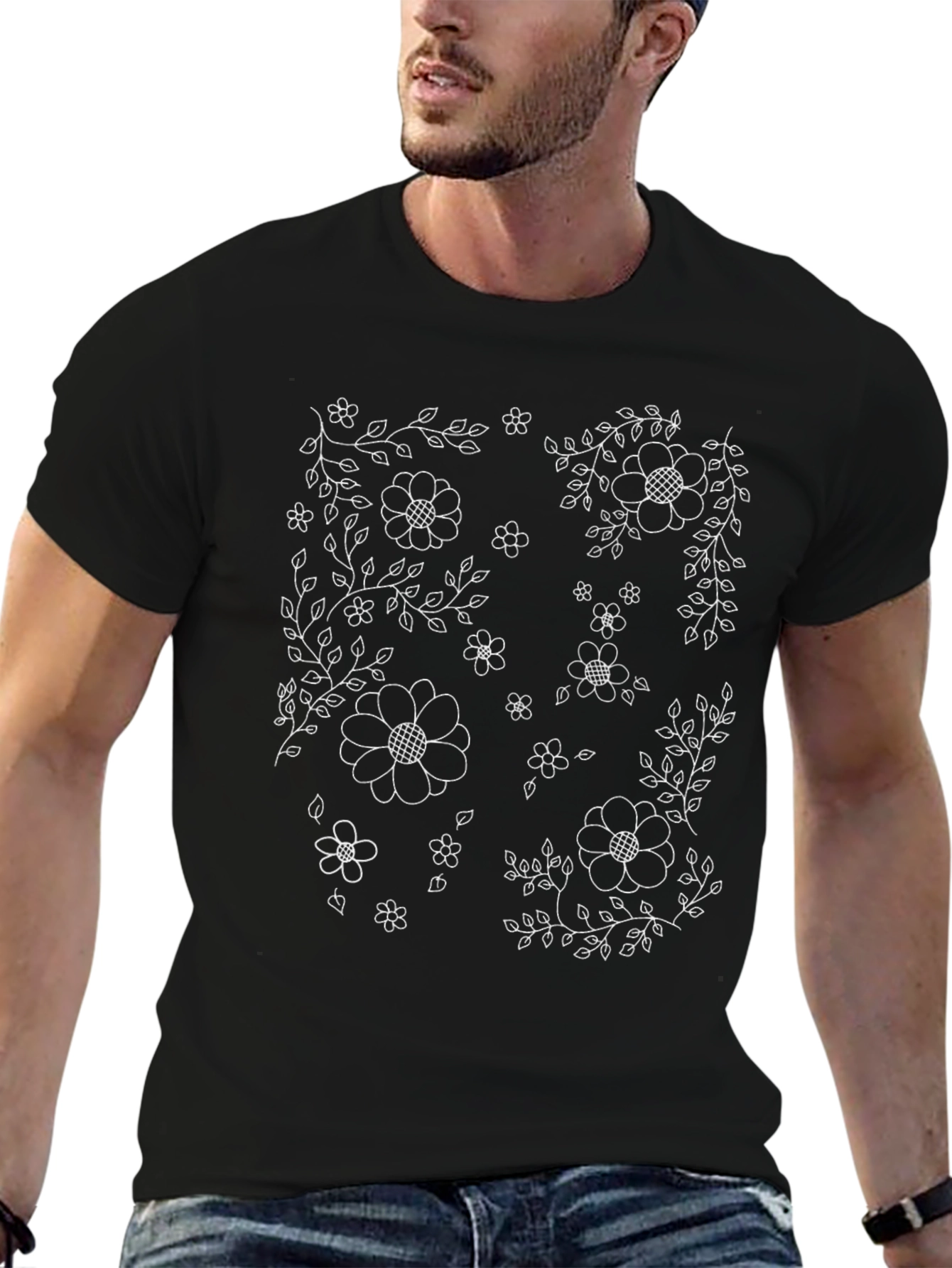 Floral Print Black Crew Neck T-Shirt