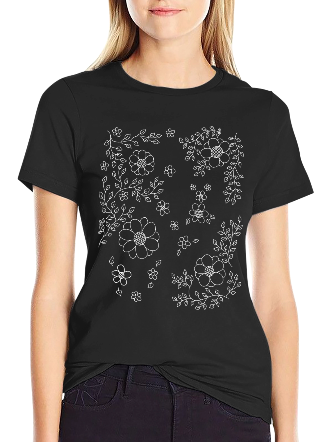 Floral Print Black Crew Neck T-Shirt