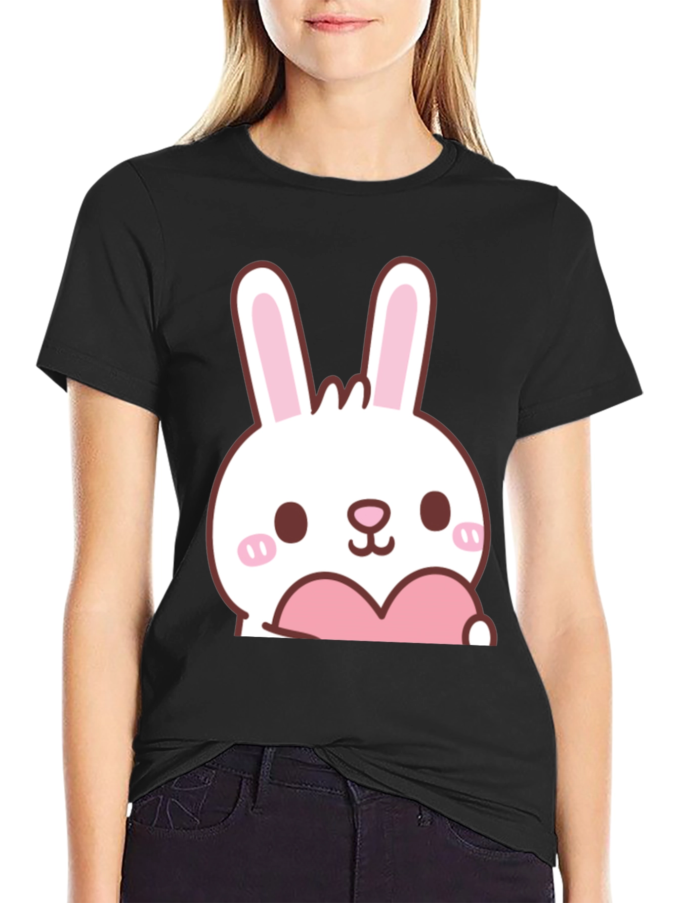 Cute Bunny with Heart Graphic T-Shirt - Black
