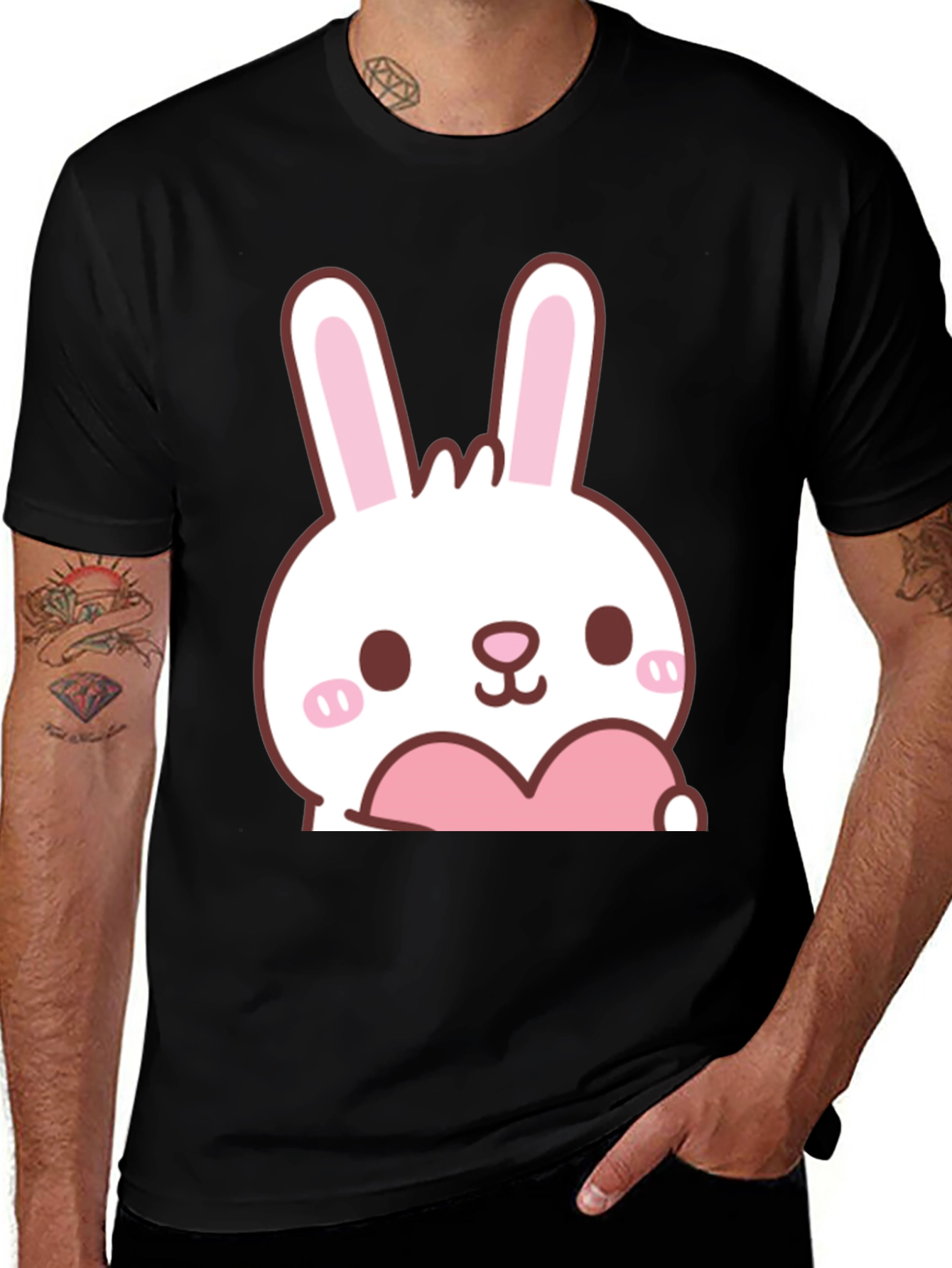 Cute Bunny with Heart Graphic T-Shirt - Black