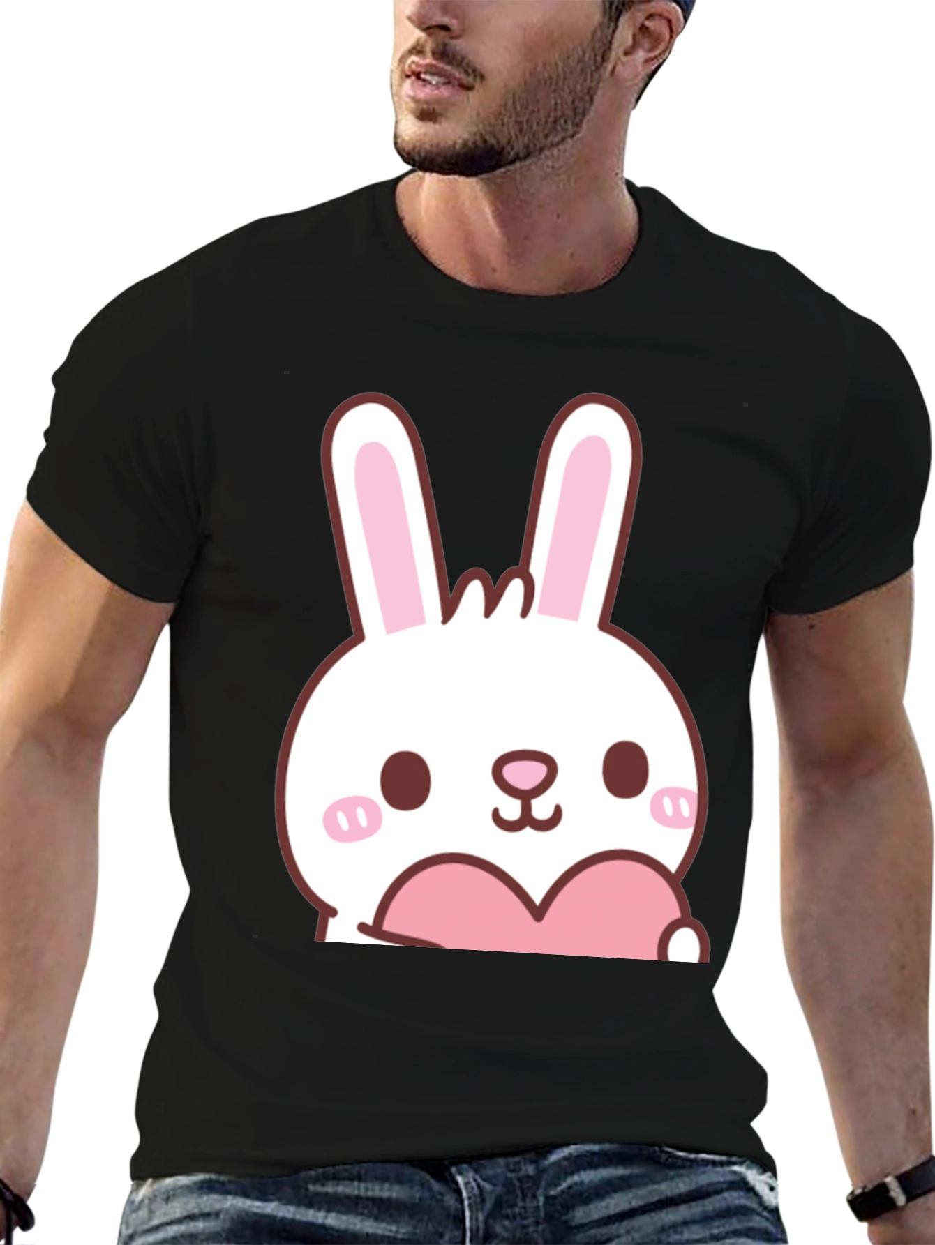 Cute Bunny with Heart Graphic T-Shirt - Black
