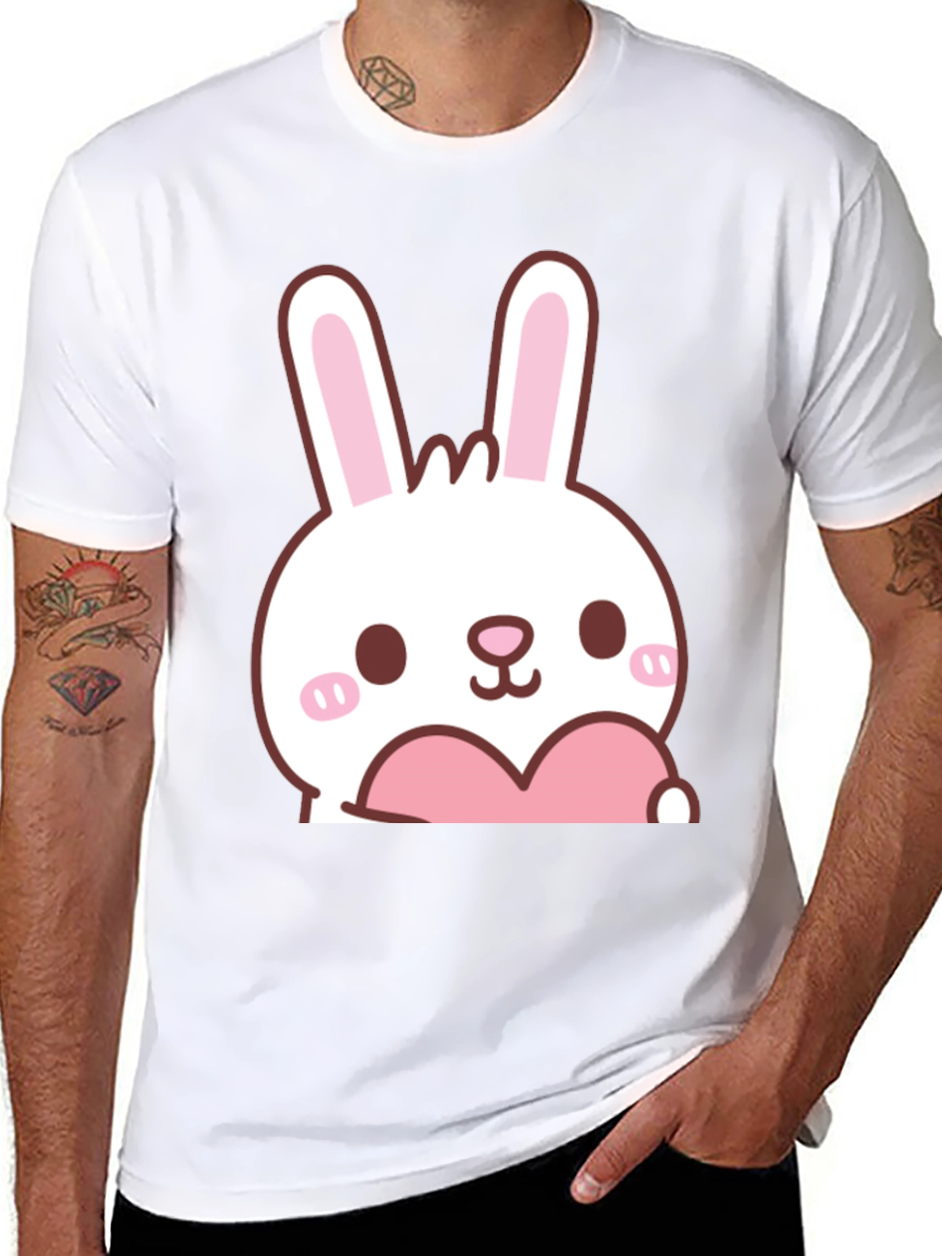 Cute Bunny with Heart Graphic T-Shirt - Black