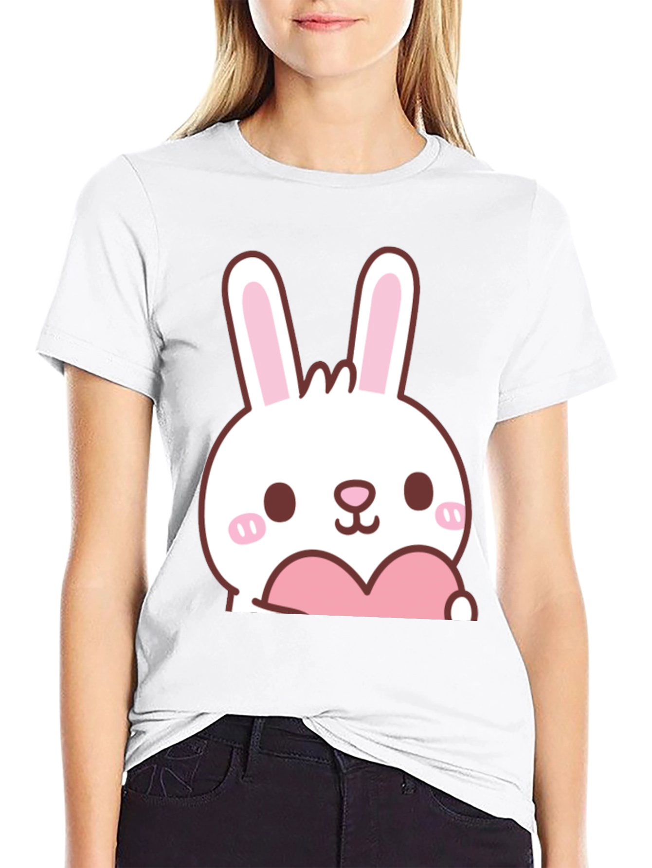 Cute Bunny with Heart Graphic T-Shirt - Black