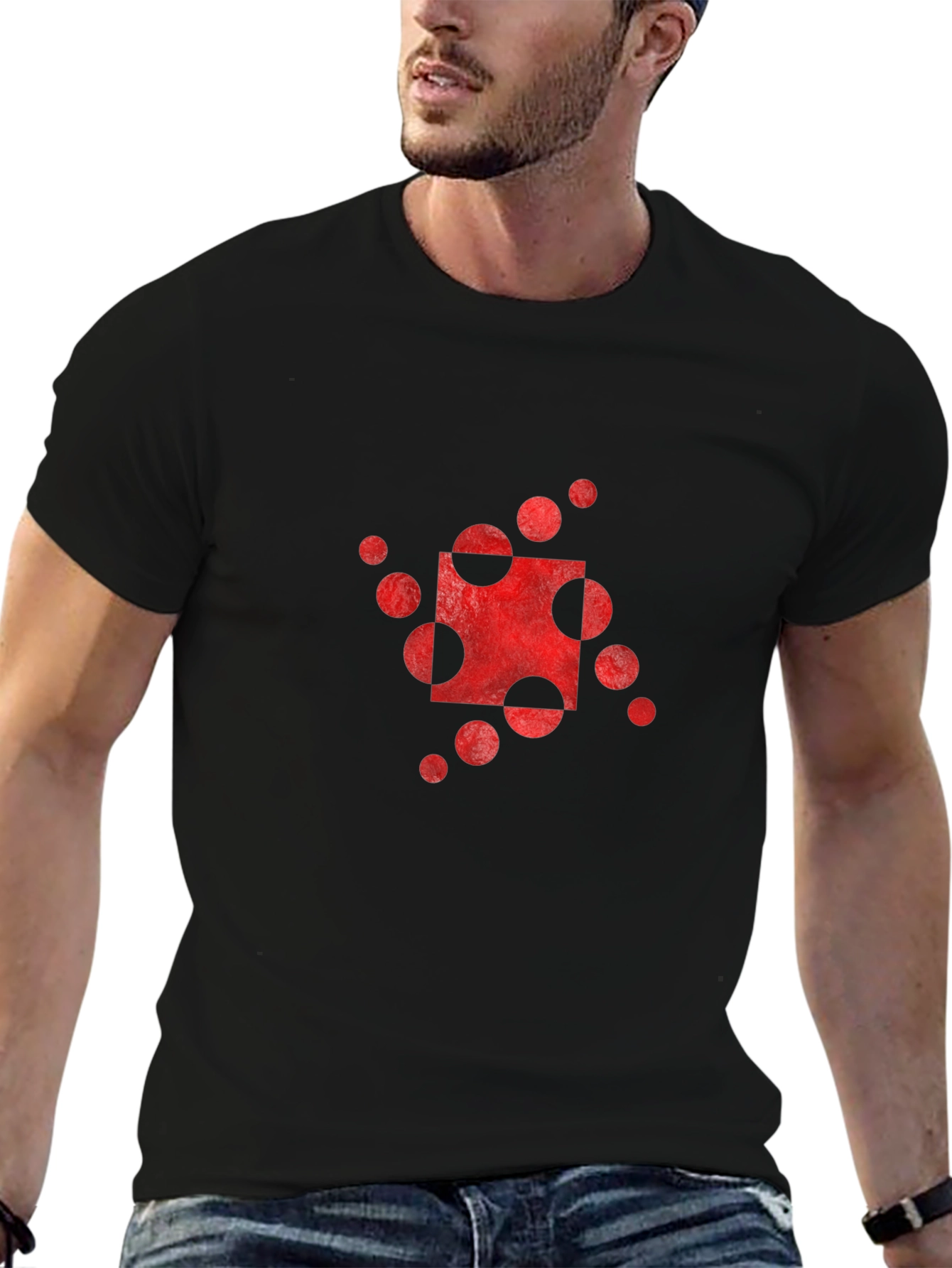 Abstract Red Circle Square Graphic Black T-Shirt