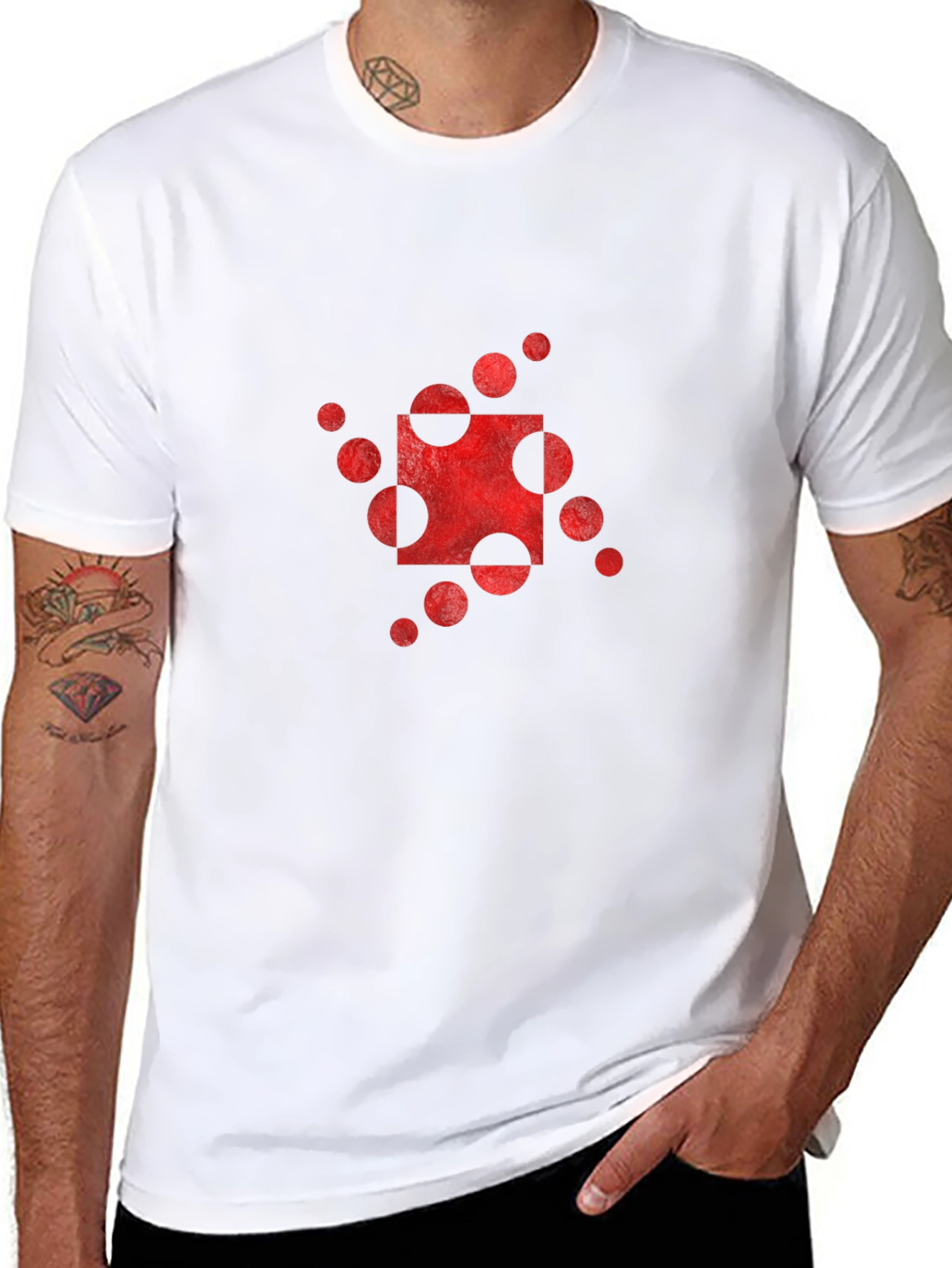 Abstract Red Circle Square Graphic Black T-Shirt