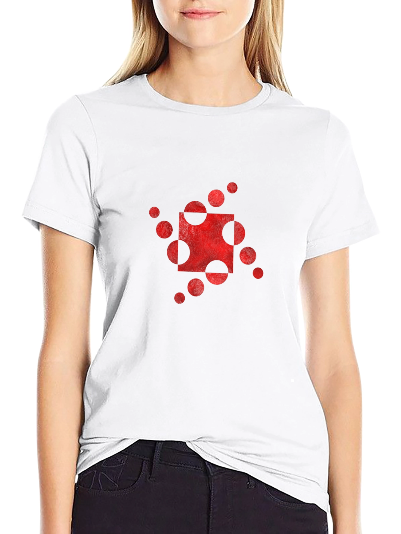 Abstract Red Circle Square Graphic Black T-Shirt