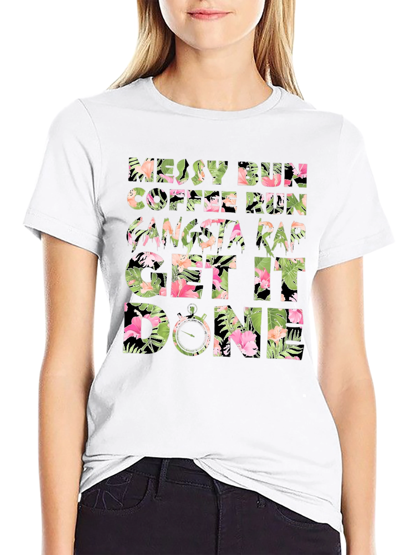 Floral Messy Bun Coffee Run Graphic Tee