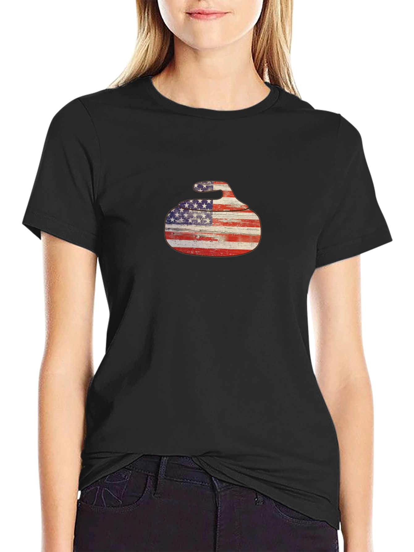USA Flag Curling Stone Black T-Shirt