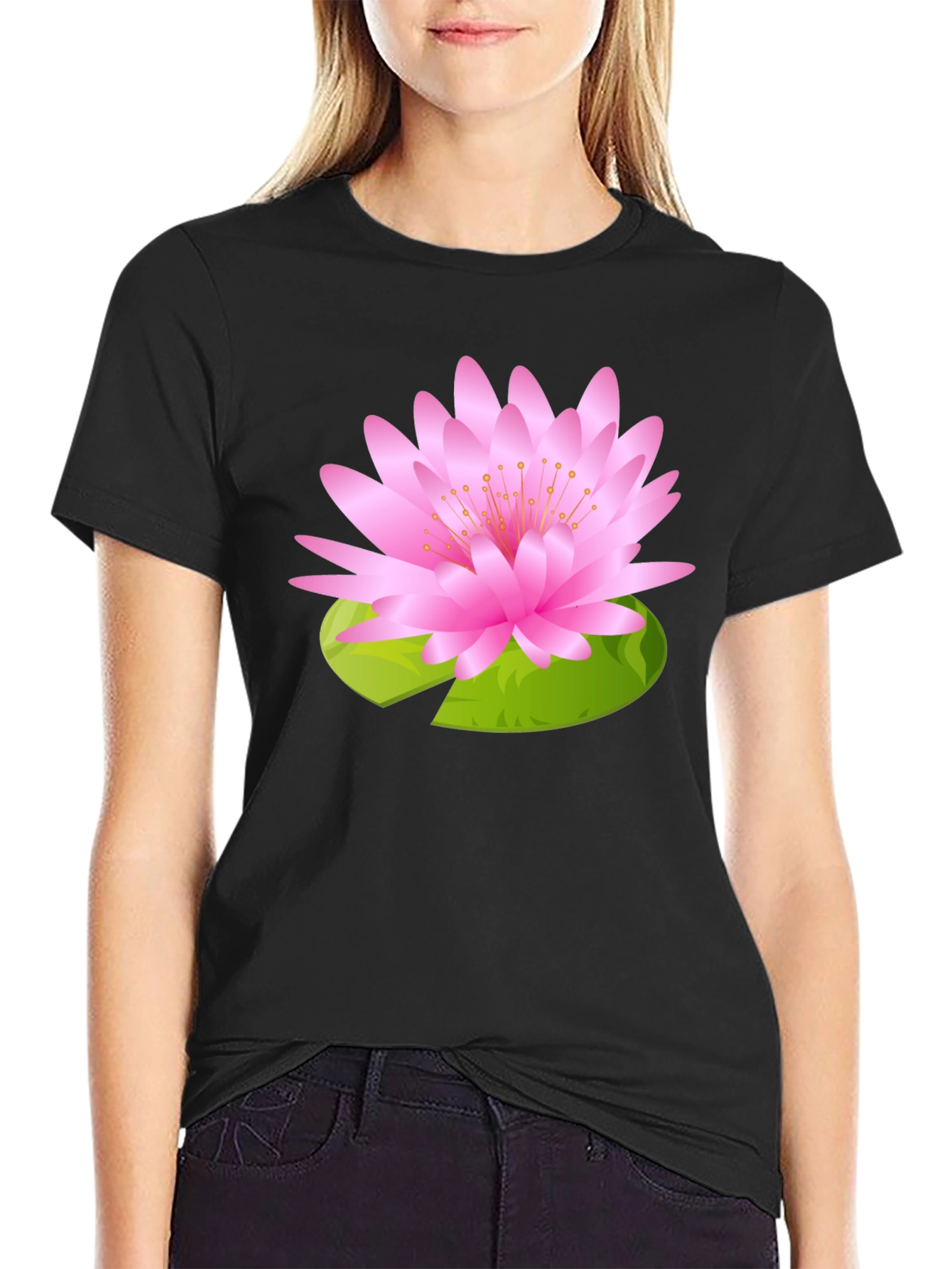 Black T-Shirt with Pink Lotus Flower Design