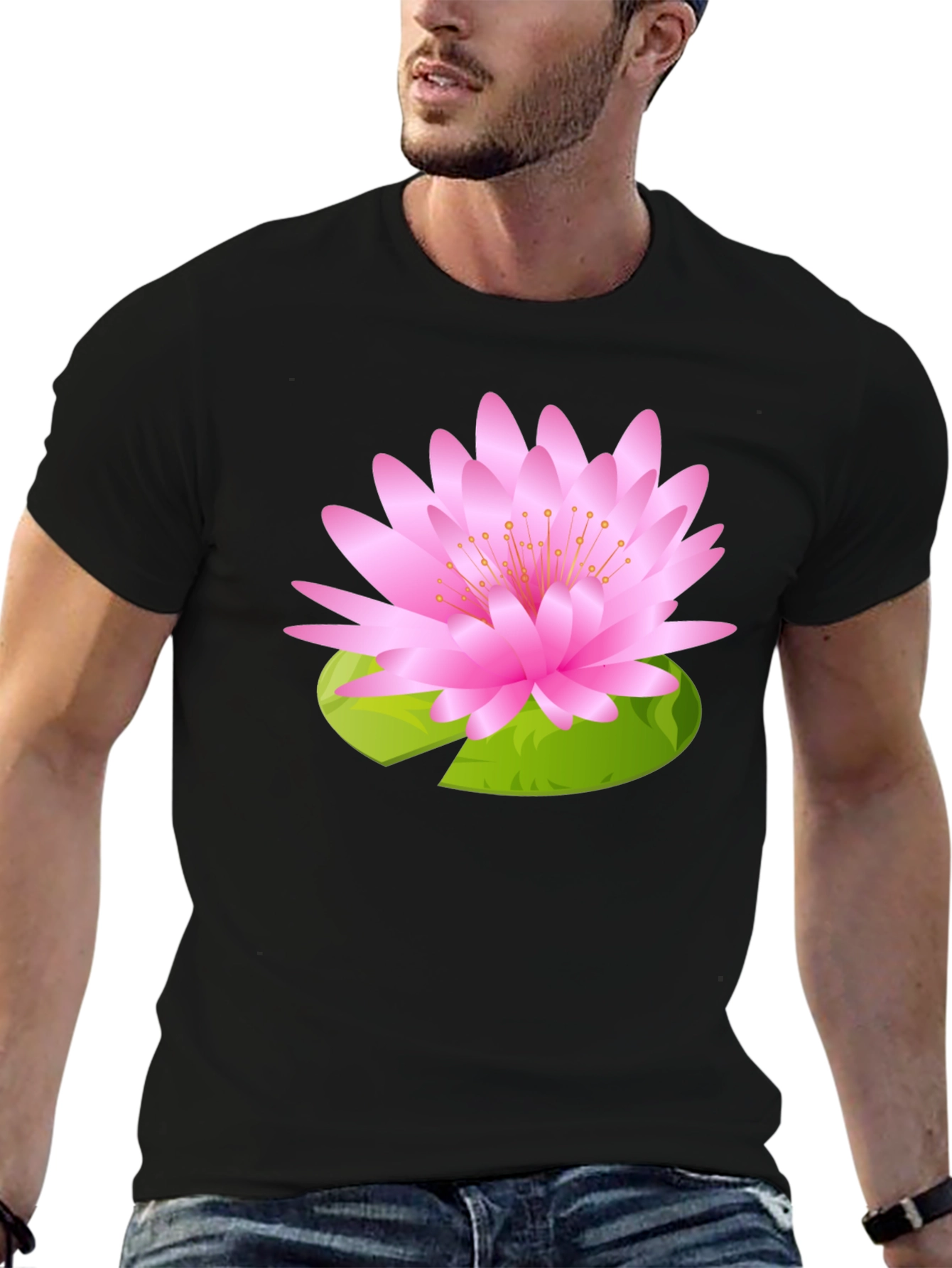 Black T-Shirt with Pink Lotus Flower Design