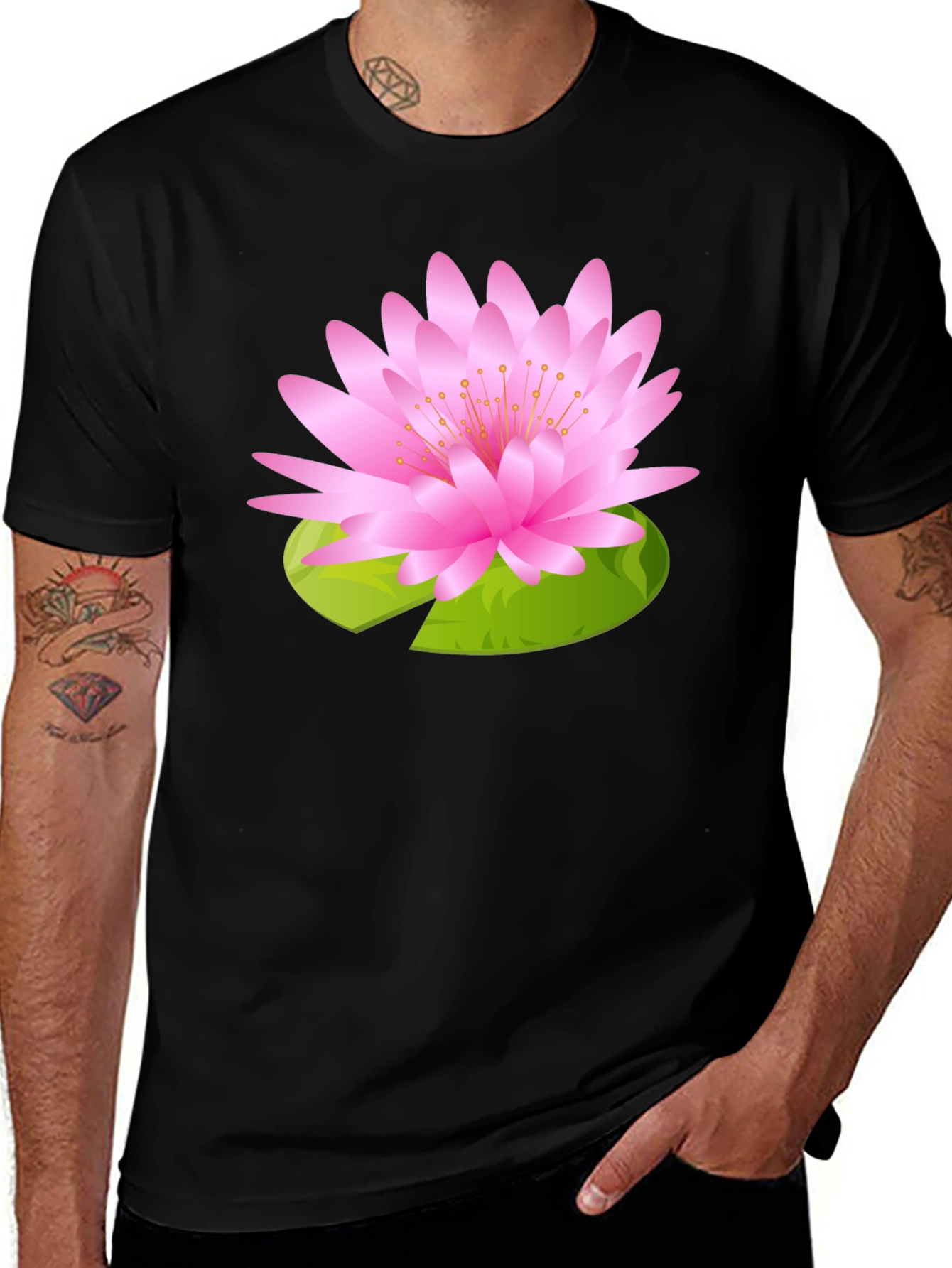 Black T-Shirt with Pink Lotus Flower Design
