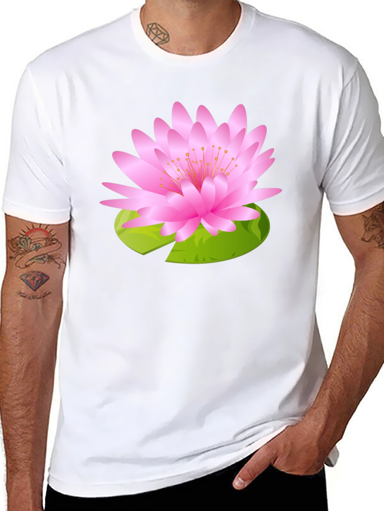 Black T-Shirt with Pink Lotus Flower Design