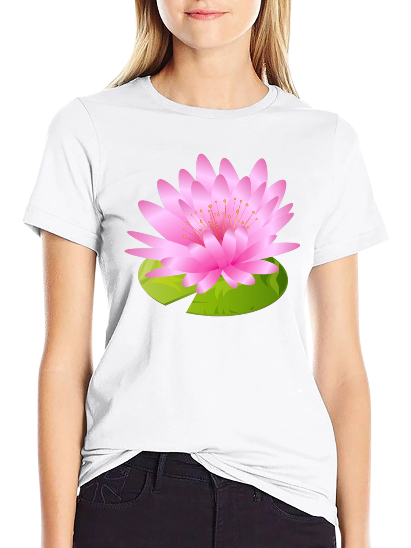 Black T-Shirt with Pink Lotus Flower Design