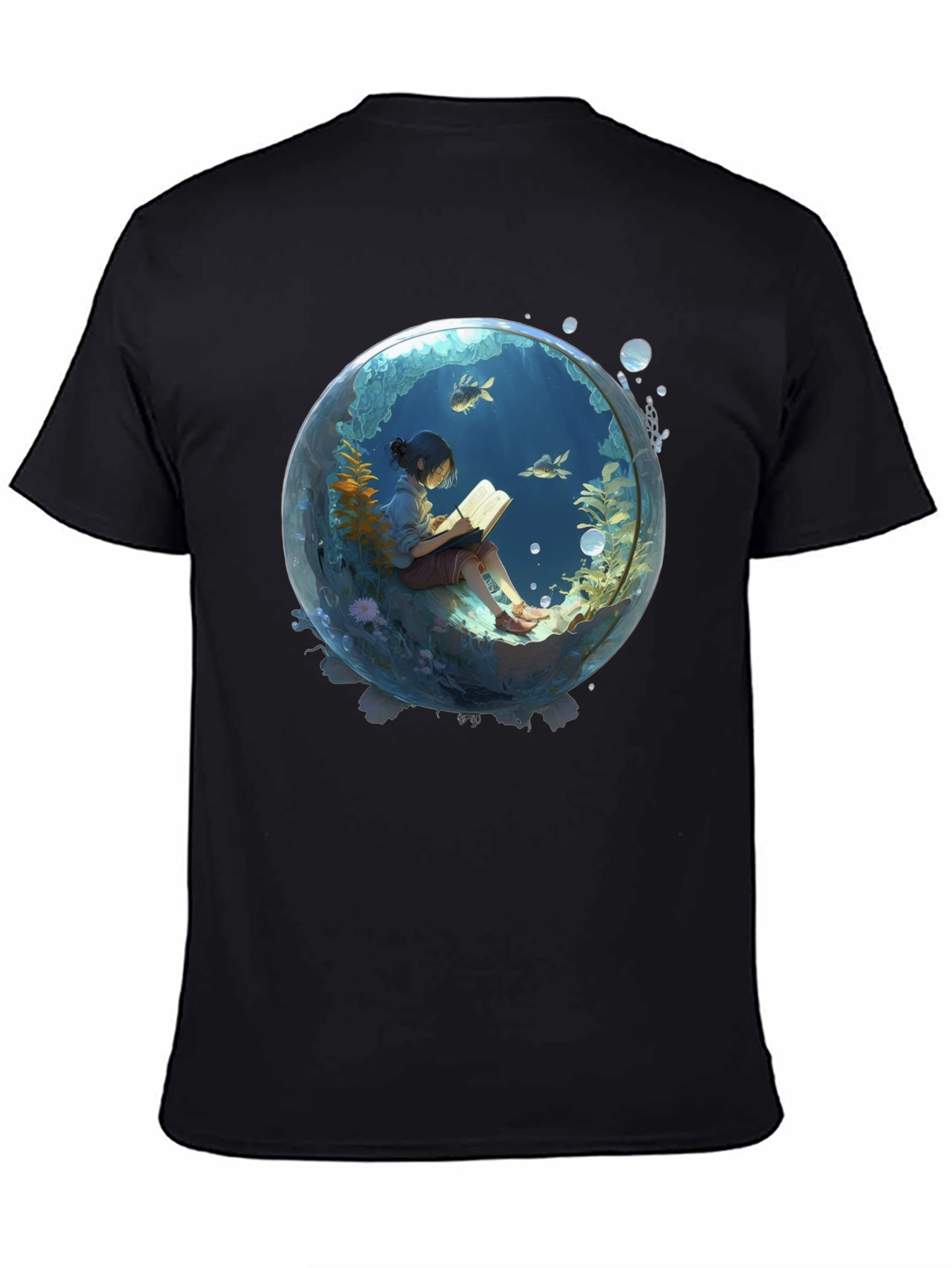 Black T-Shirt with Underwater Book Reader Design