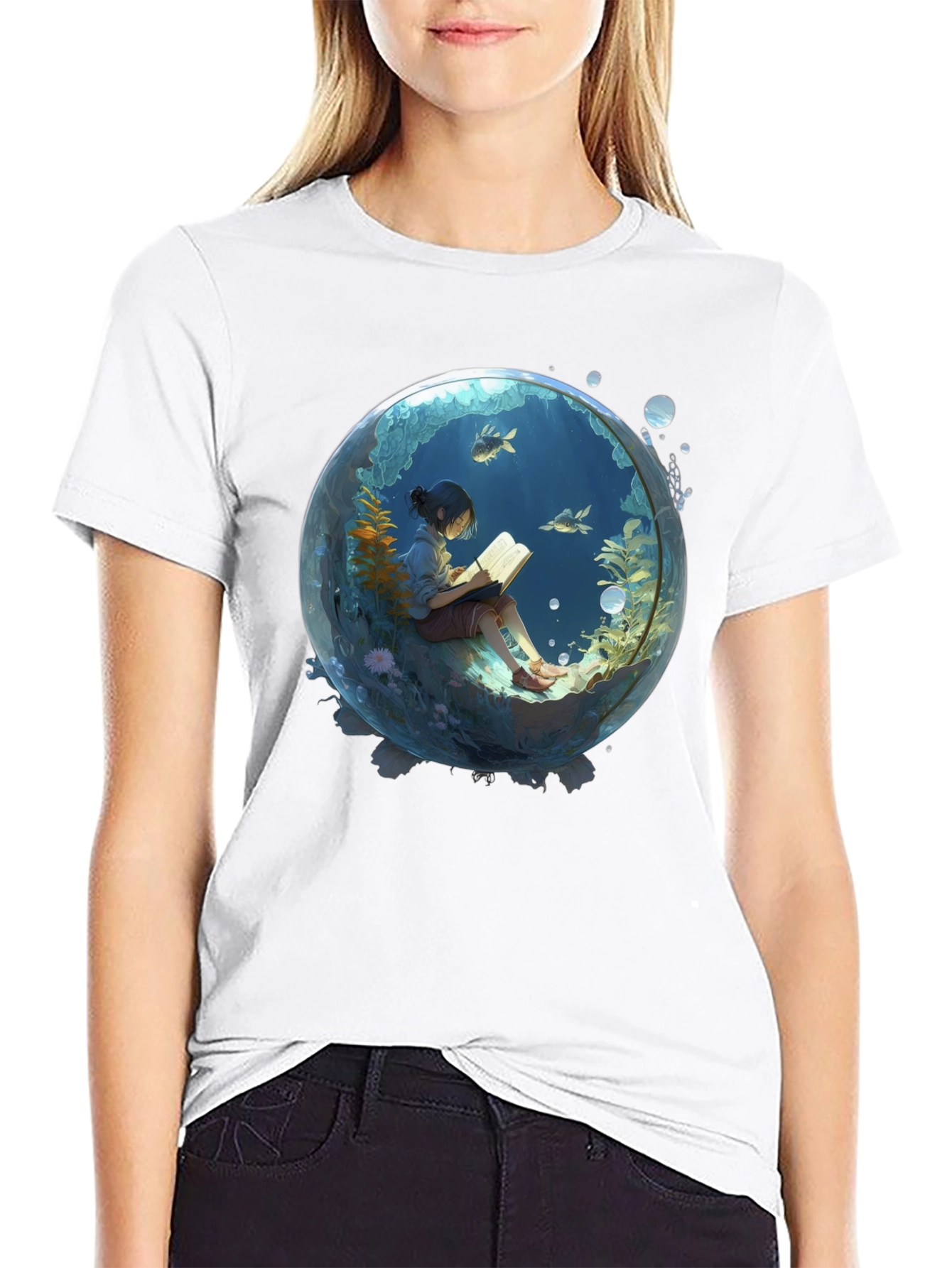 Black T-Shirt with Underwater Book Reader Design