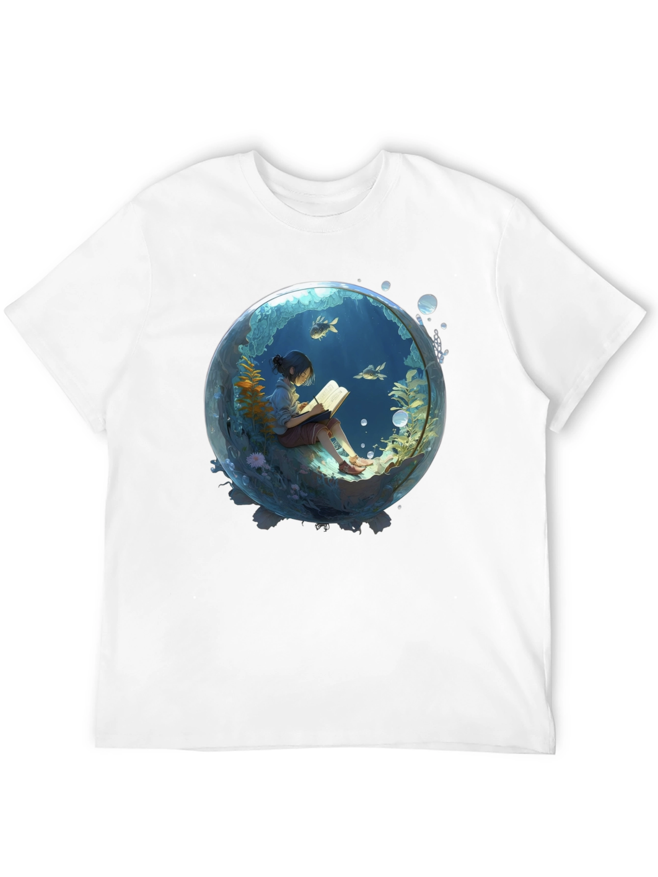 Black T-Shirt with Underwater Book Reader Design