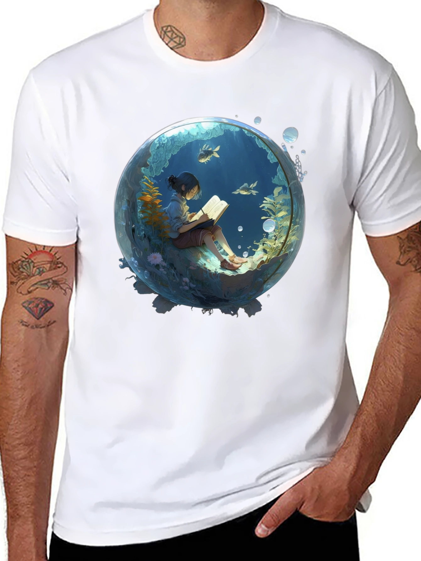 Black T-Shirt with Underwater Book Reader Design