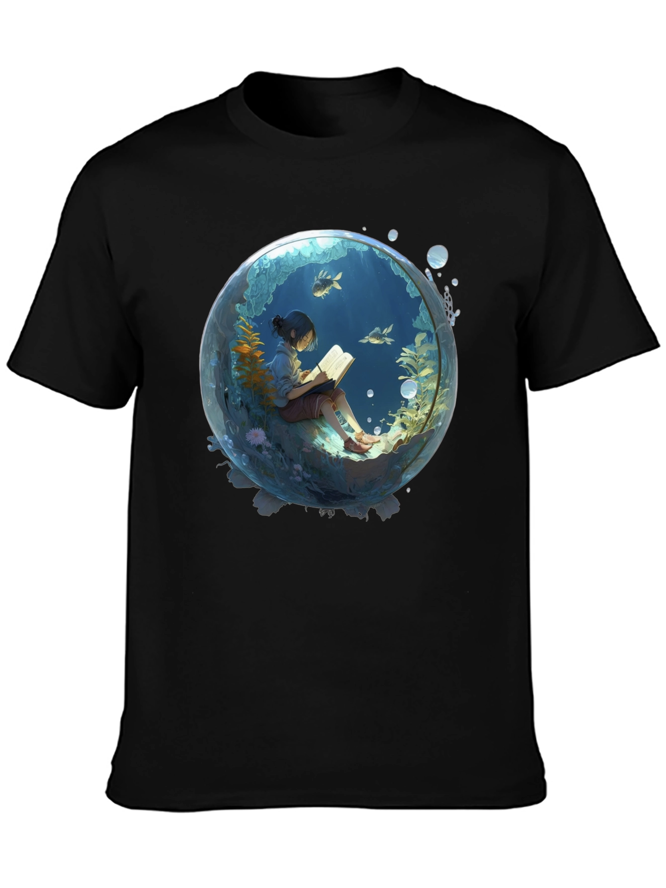 Black T-Shirt with Underwater Book Reader Design
