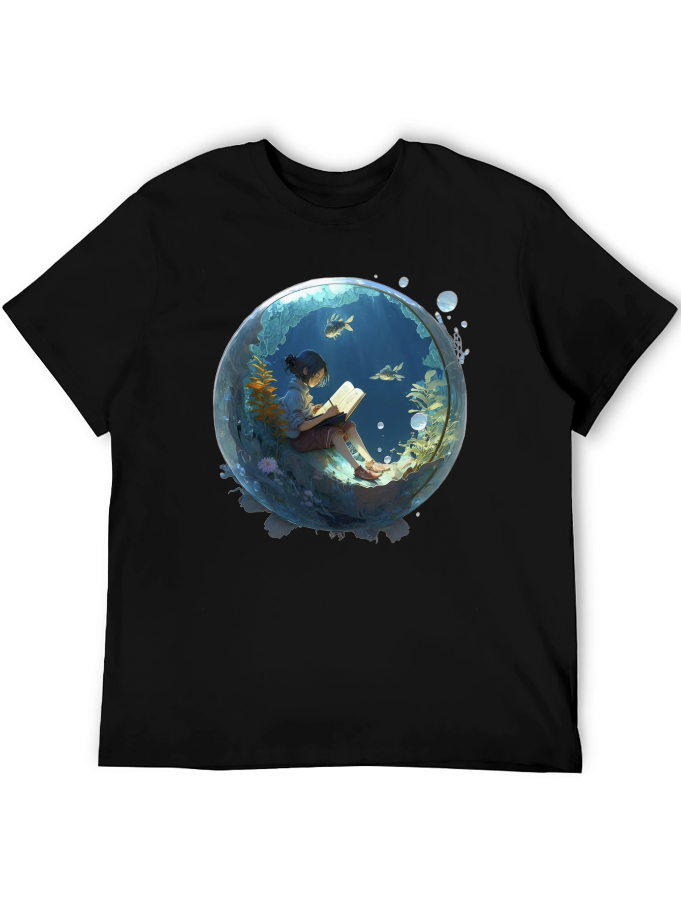 Black T-Shirt with Underwater Book Reader Design