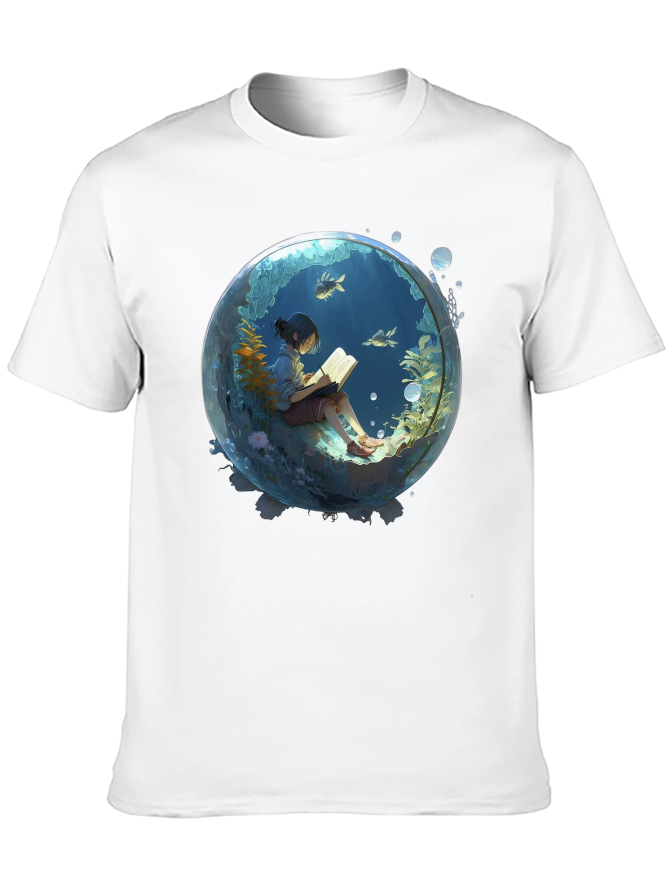 Black T-Shirt with Underwater Book Reader Design