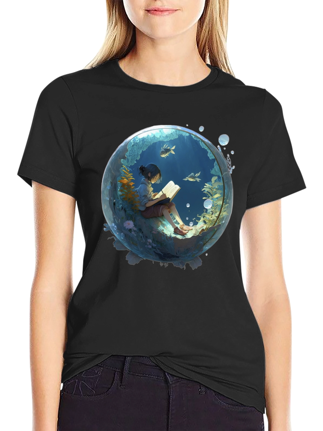 Black T-Shirt with Underwater Book Reader Design
