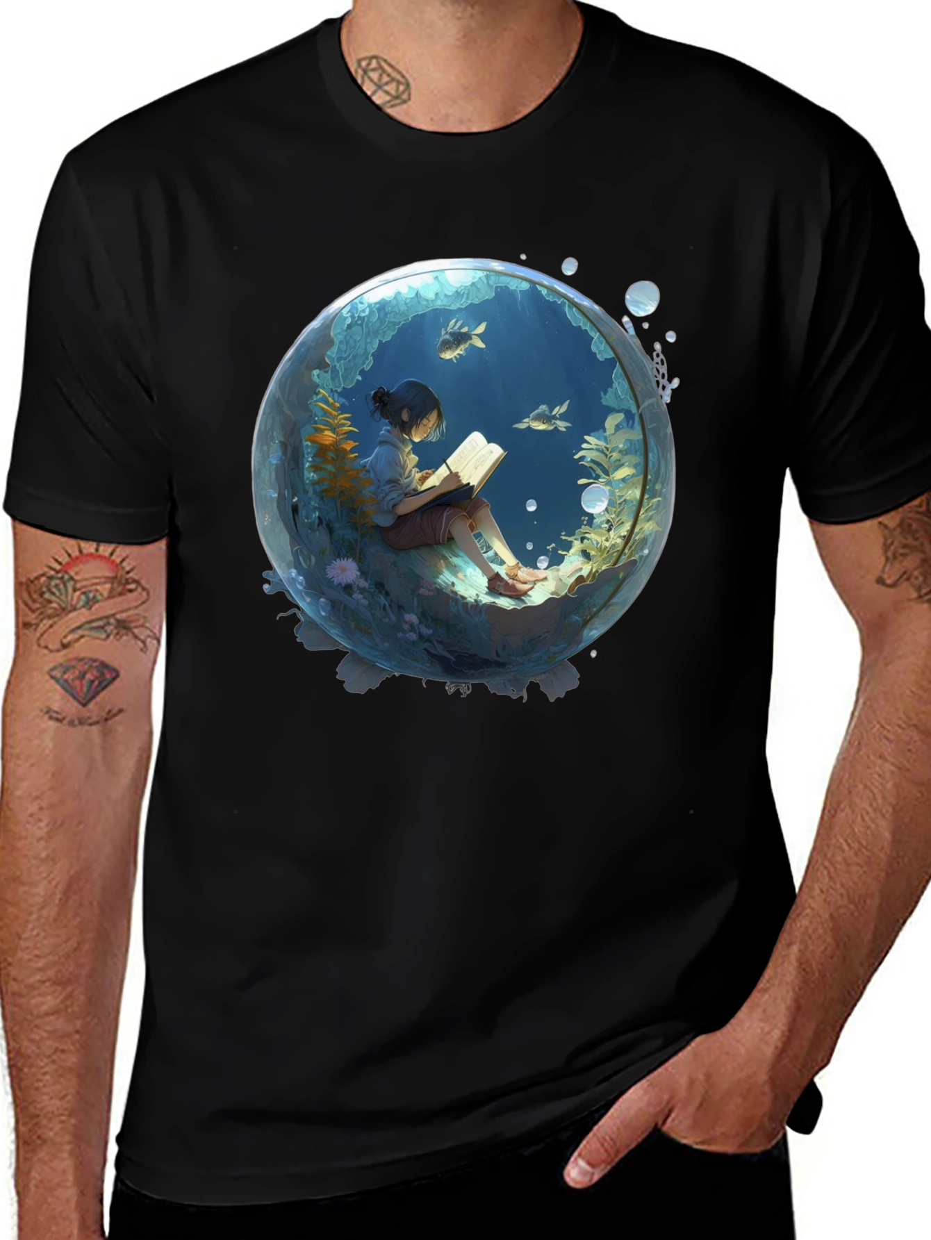 Black T-Shirt with Underwater Book Reader Design
