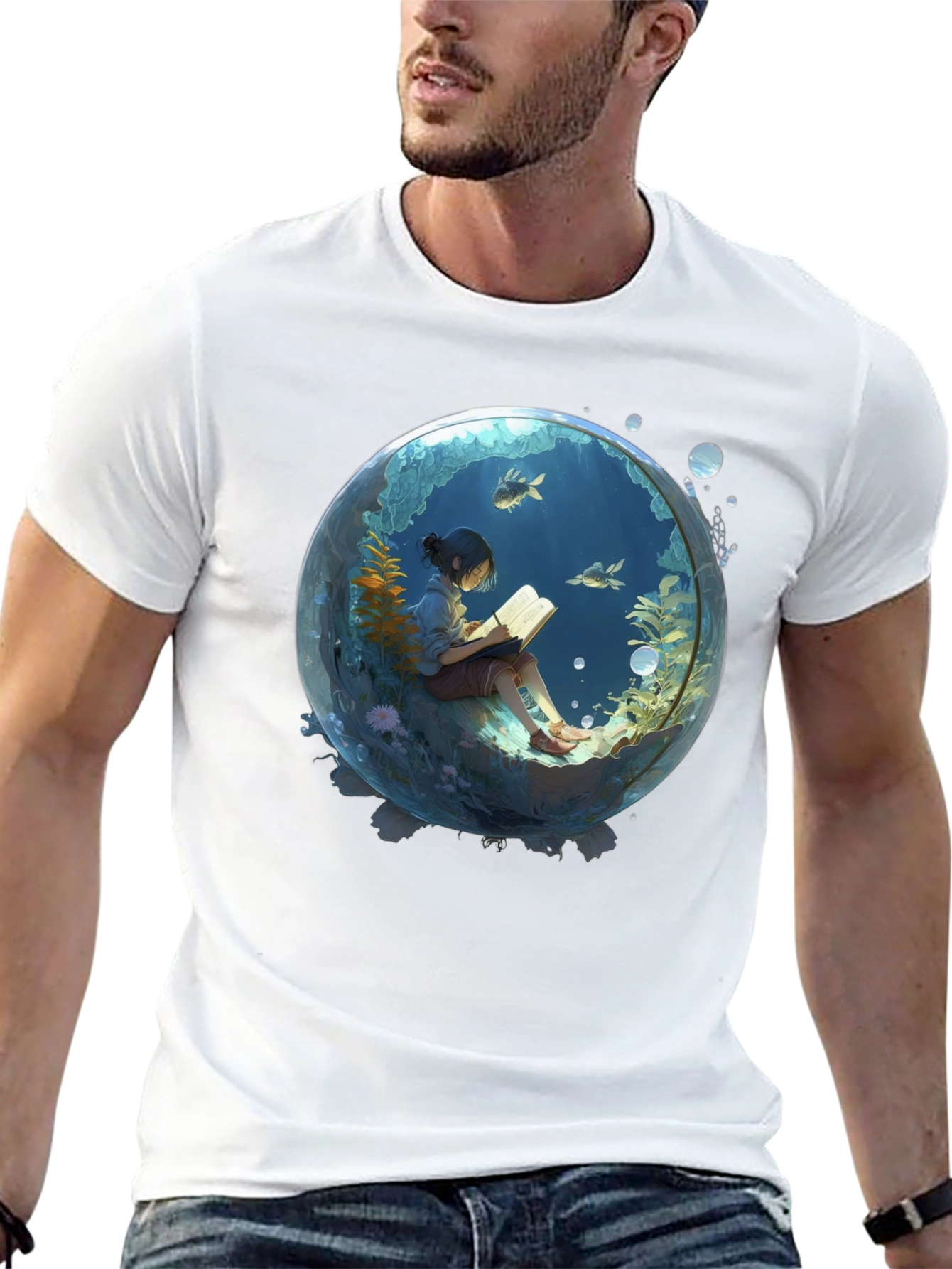 Black T-Shirt with Underwater Book Reader Design