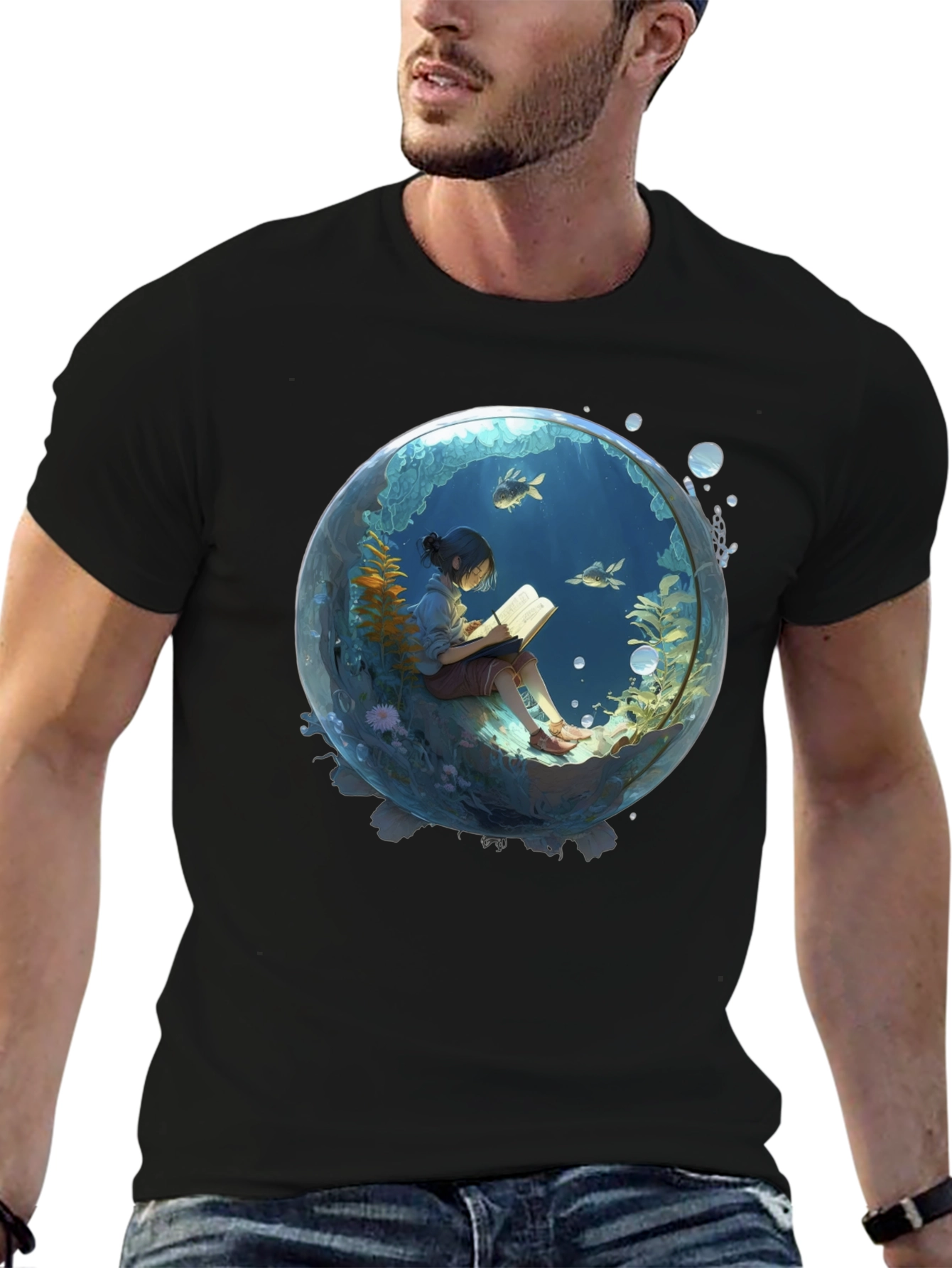 Black T-Shirt with Underwater Book Reader Design