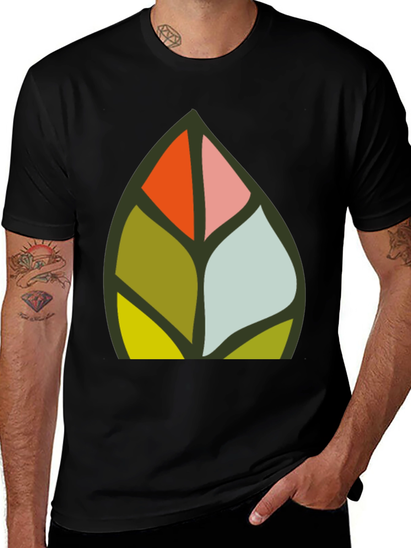 Abstract Leaf Design Black T-Shirt